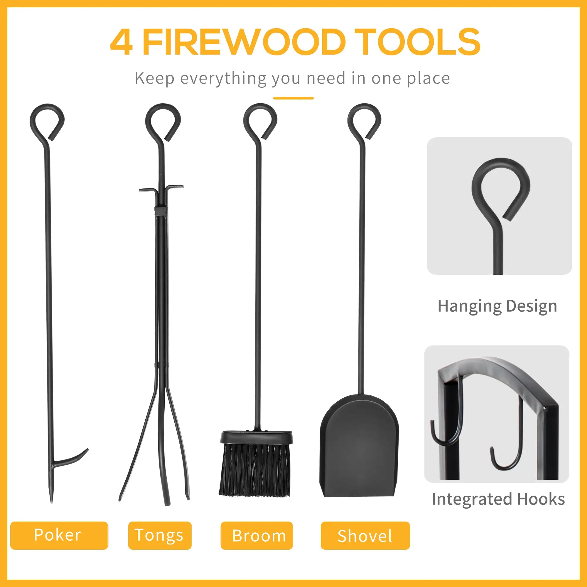 Metal Firewood Log Holder 2 Layer Firewood Rack Indoor Outdoor Fireplace Wood Storage Shelf with 4 Tools and Hooks, Black, 40L x 30W x 74.5H cm
