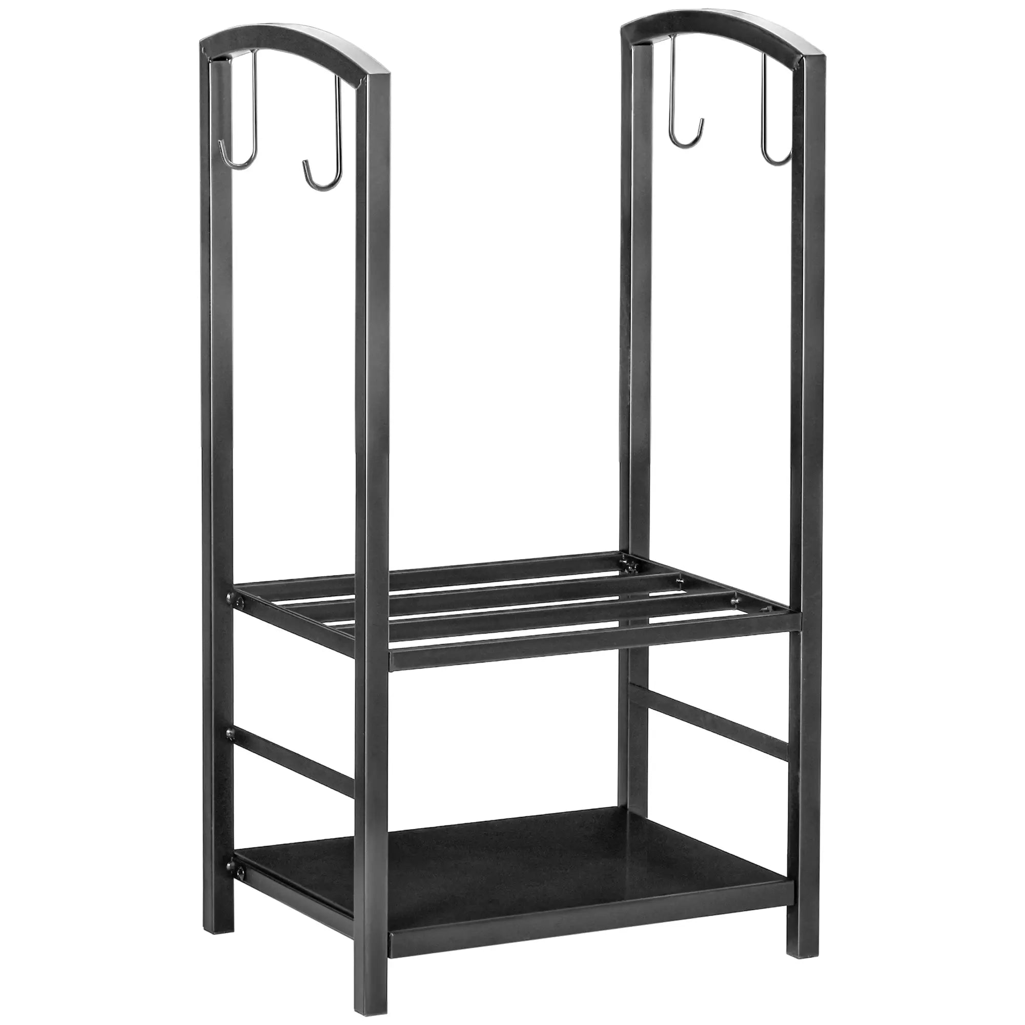 Metal Firewood Log Holder 2 Layer Firewood Rack Indoor Outdoor Fireplace Wood Storage Shelf with 4 Tools and Hooks, Black, 40L x 30W x 74.5H cm