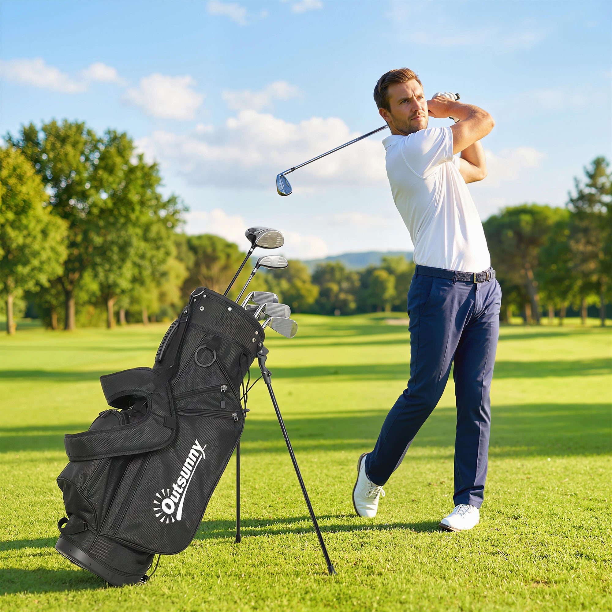 Outsunny Golf Stand Bag 6 Way Full-Length Dividers, Waterproof Golf Bag Grey
