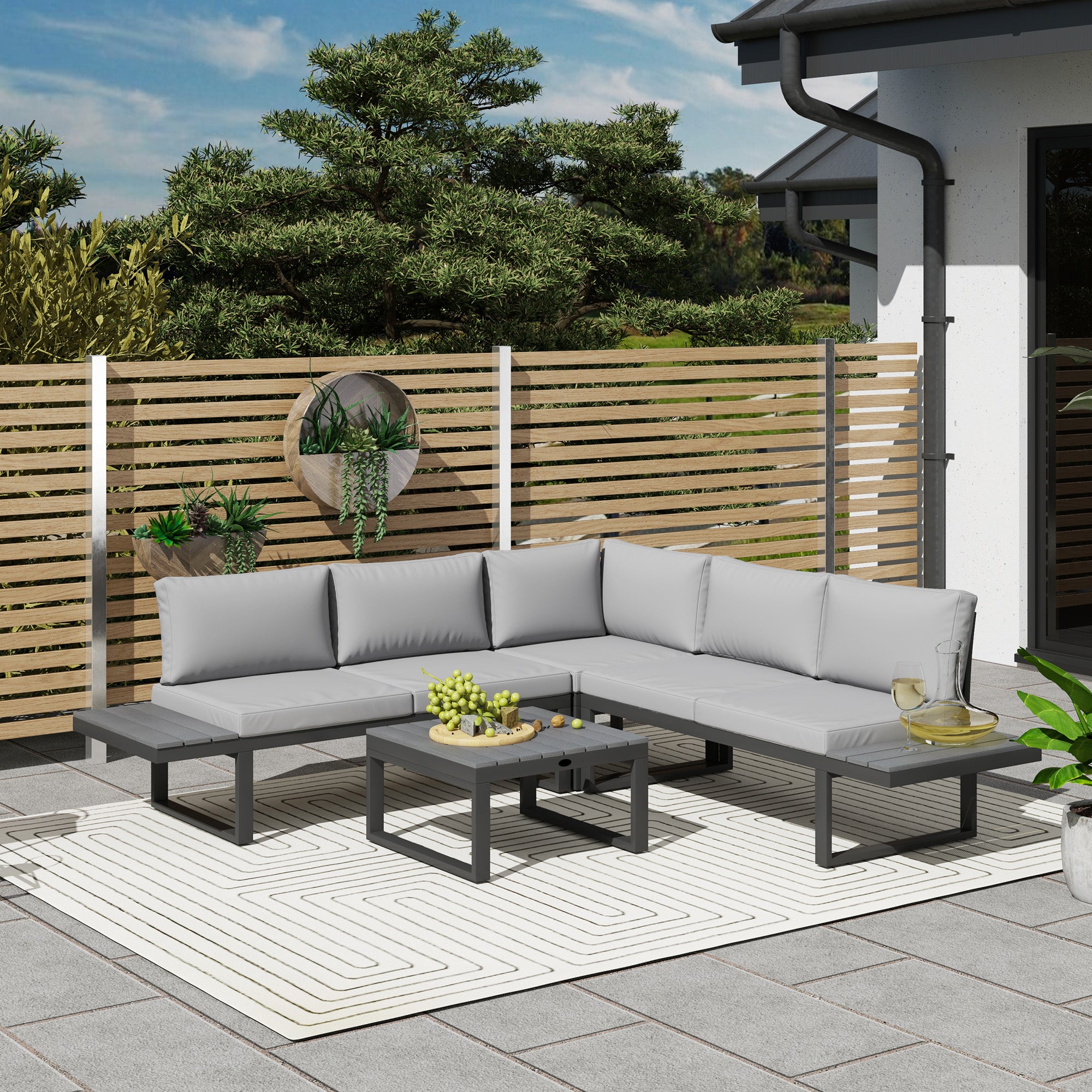 Outsunny 4 PCs Garden Set w/ 5-Level Recline Corner Conversation Sofa Set