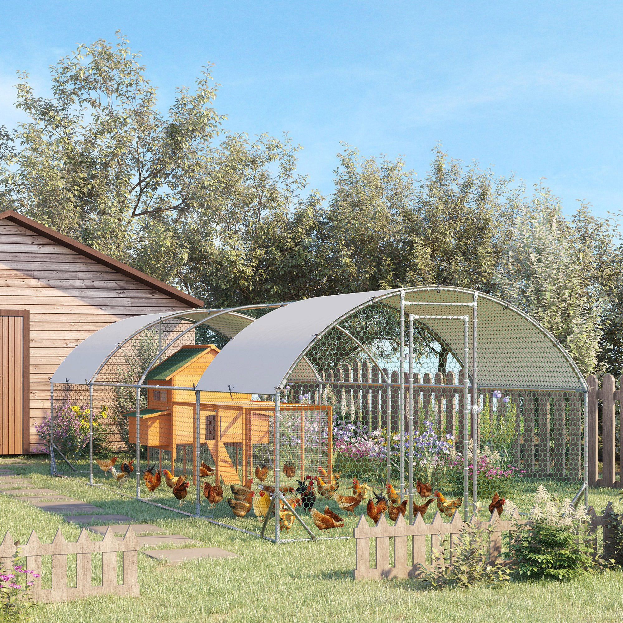 PawHut Walk-In Chicken Run Galvanised Chicken Coop w/ Covers 7.6 x 2.8 x 2m