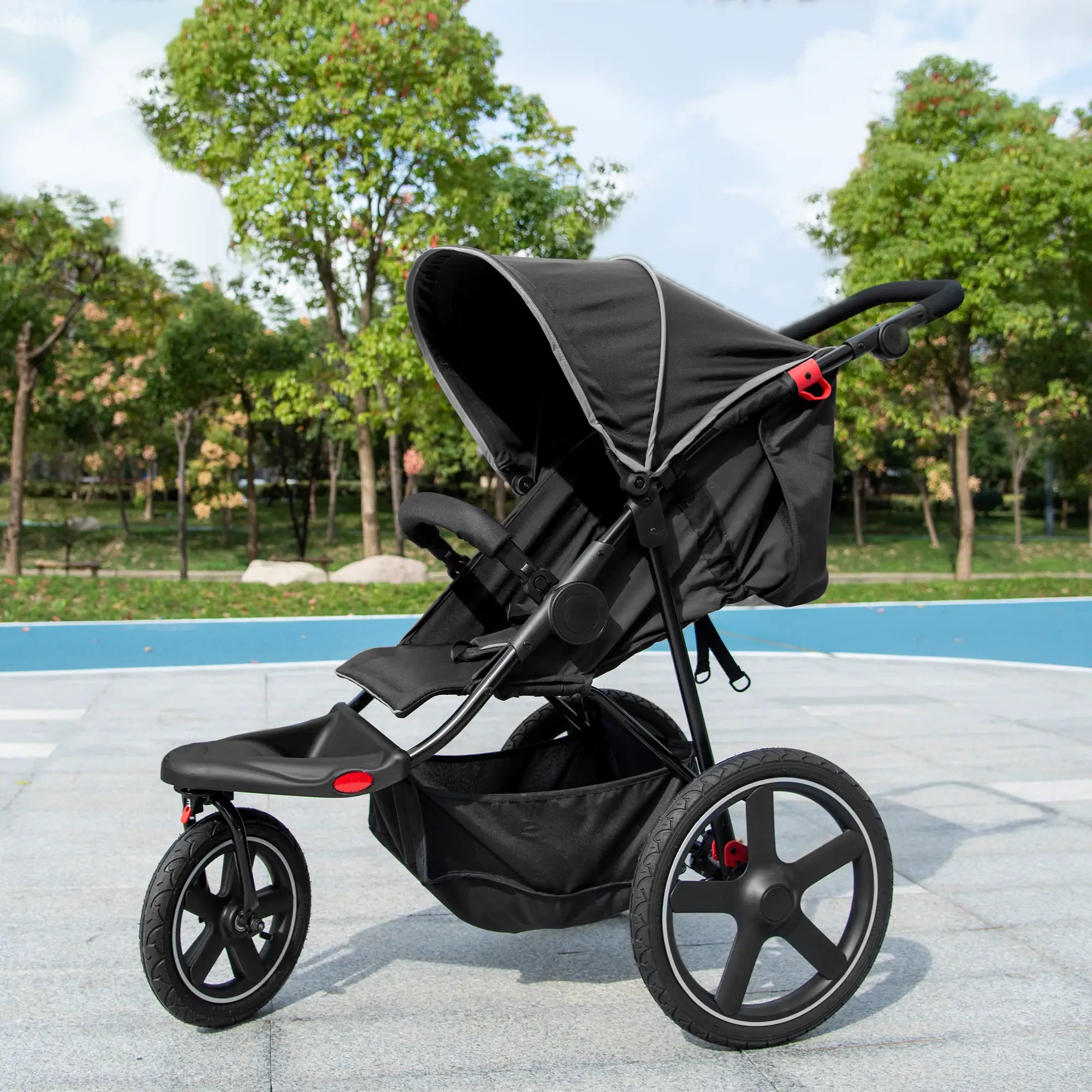 Foldable Three-Wheeler Baby Stroller w/ Canopy, Storage Basket - Black