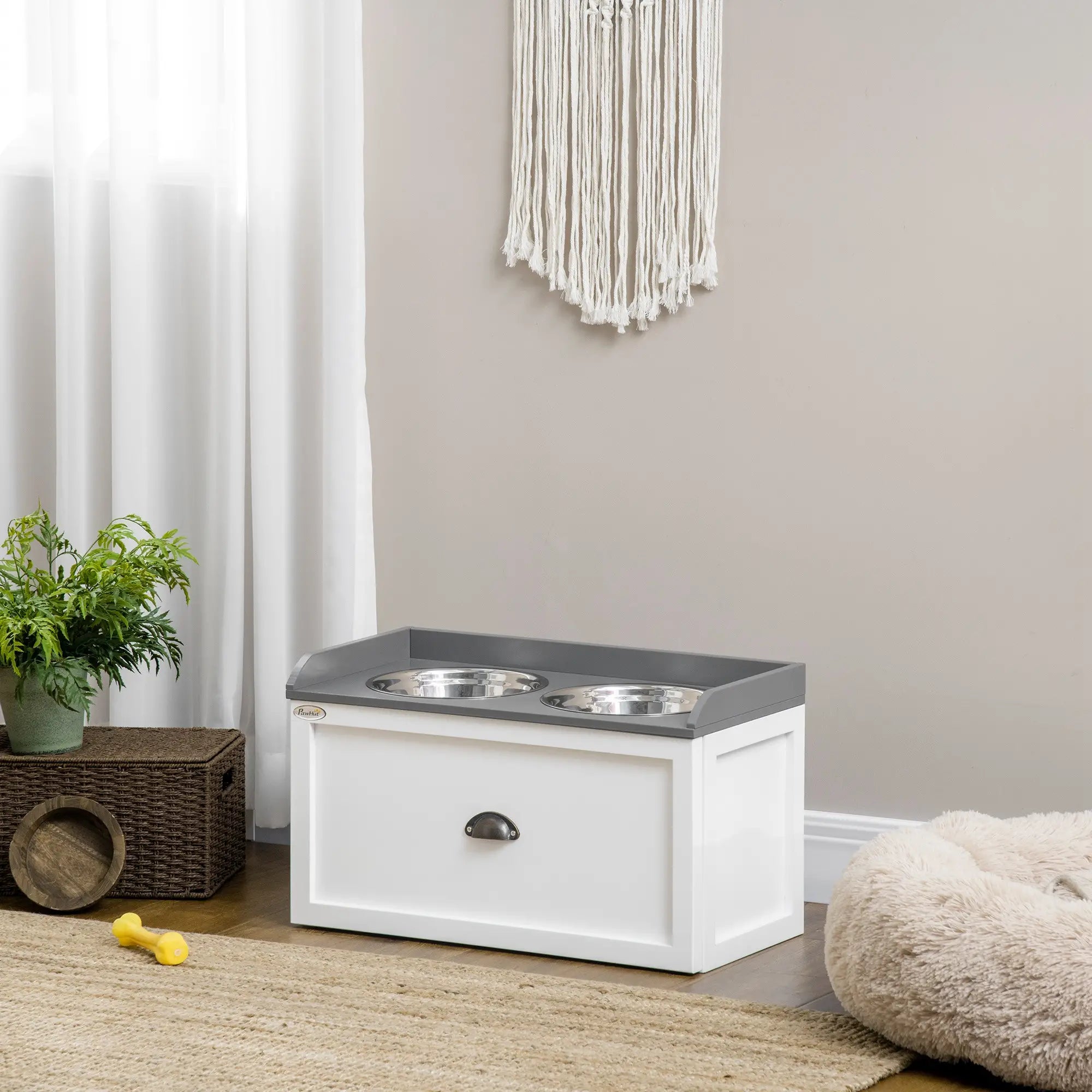 Stainless Steel Raised Dog Bowls, with 21L Storage Drawer for Large Dogs and Cats - White