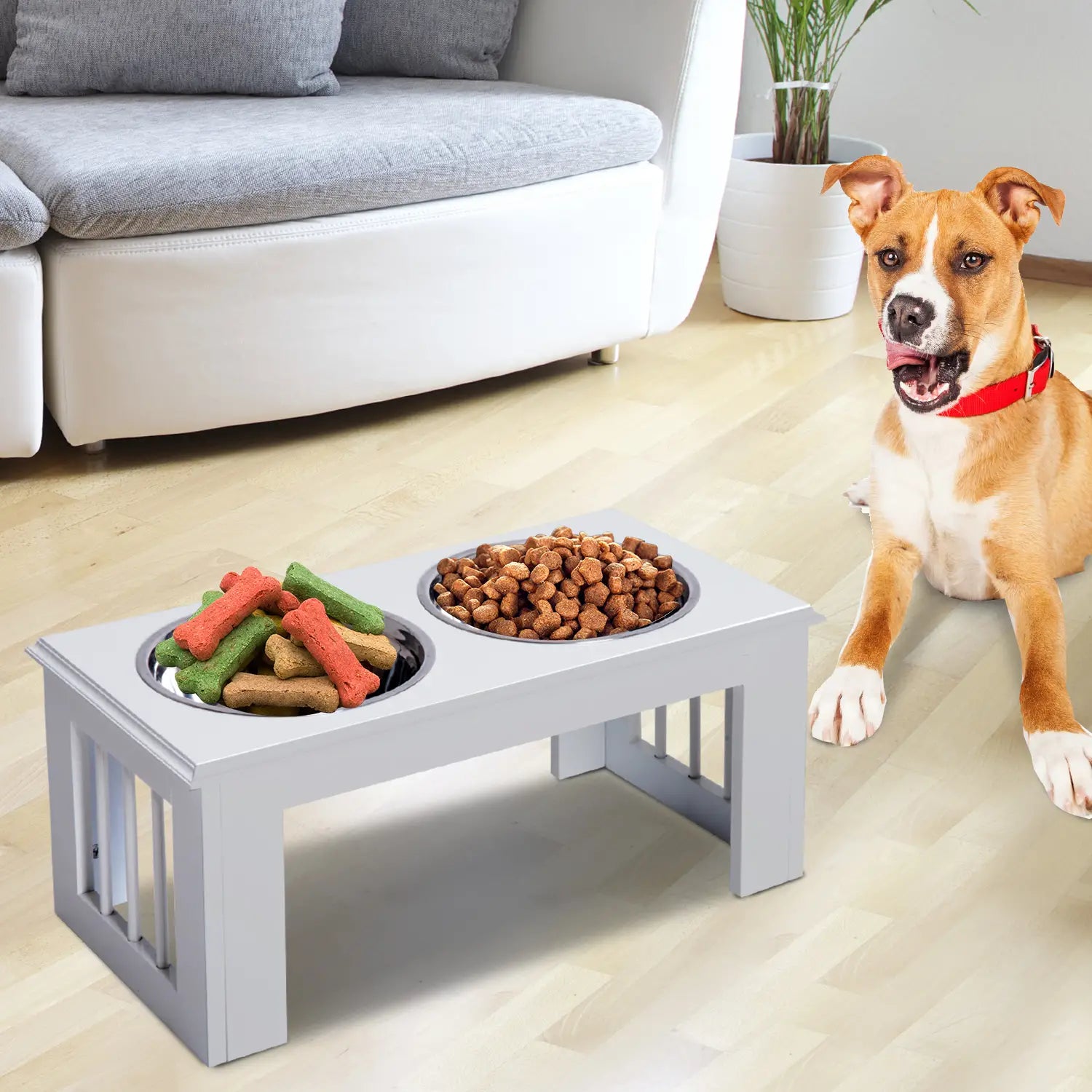 Raised Dog Feeding Bowls with Stand, Stainless Steel for Medium Dog, 58L x 31W x 25H cm - White