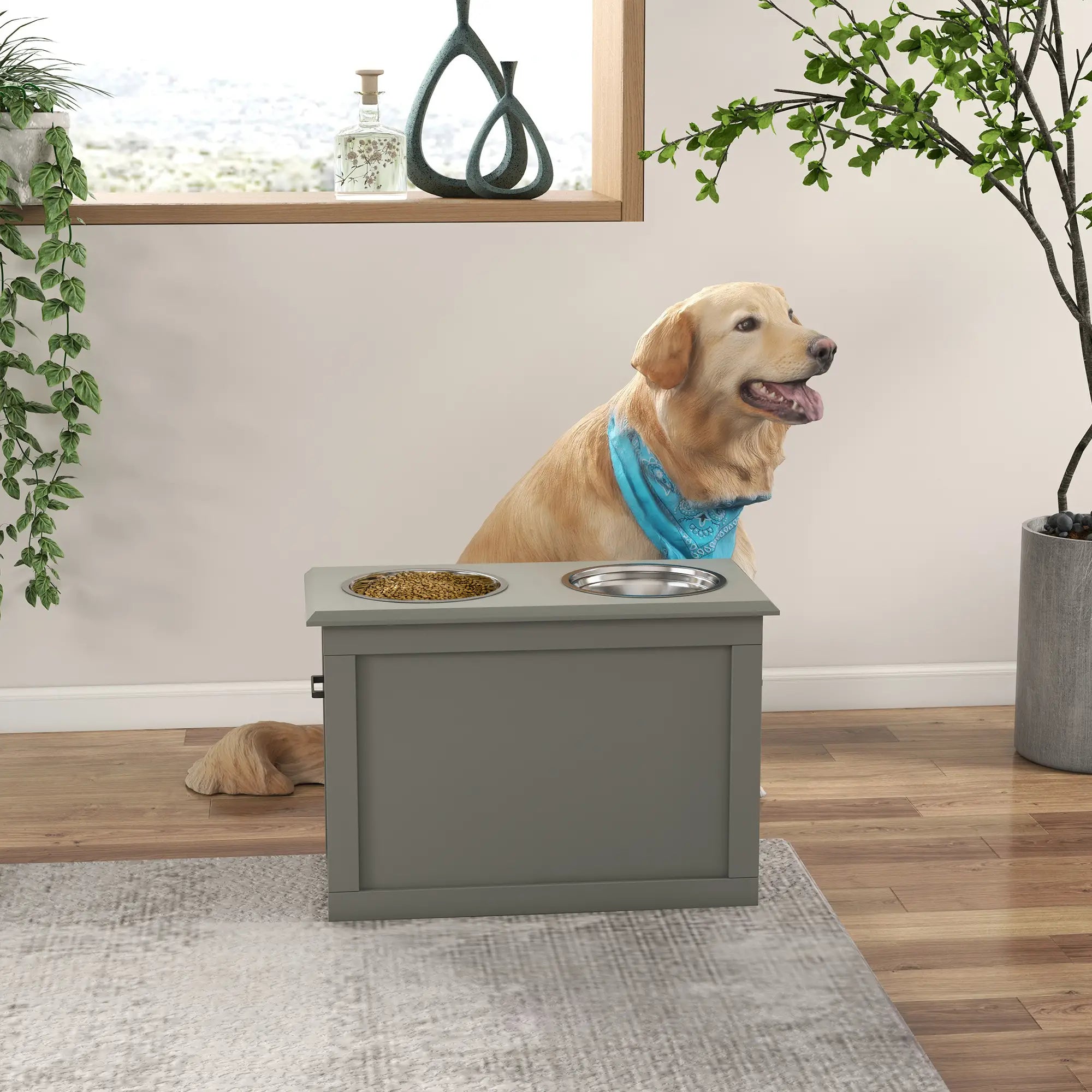 Raised Dog Bowls, with Storage, Two Stainless Steel Bowls, Elevated Base - Grey