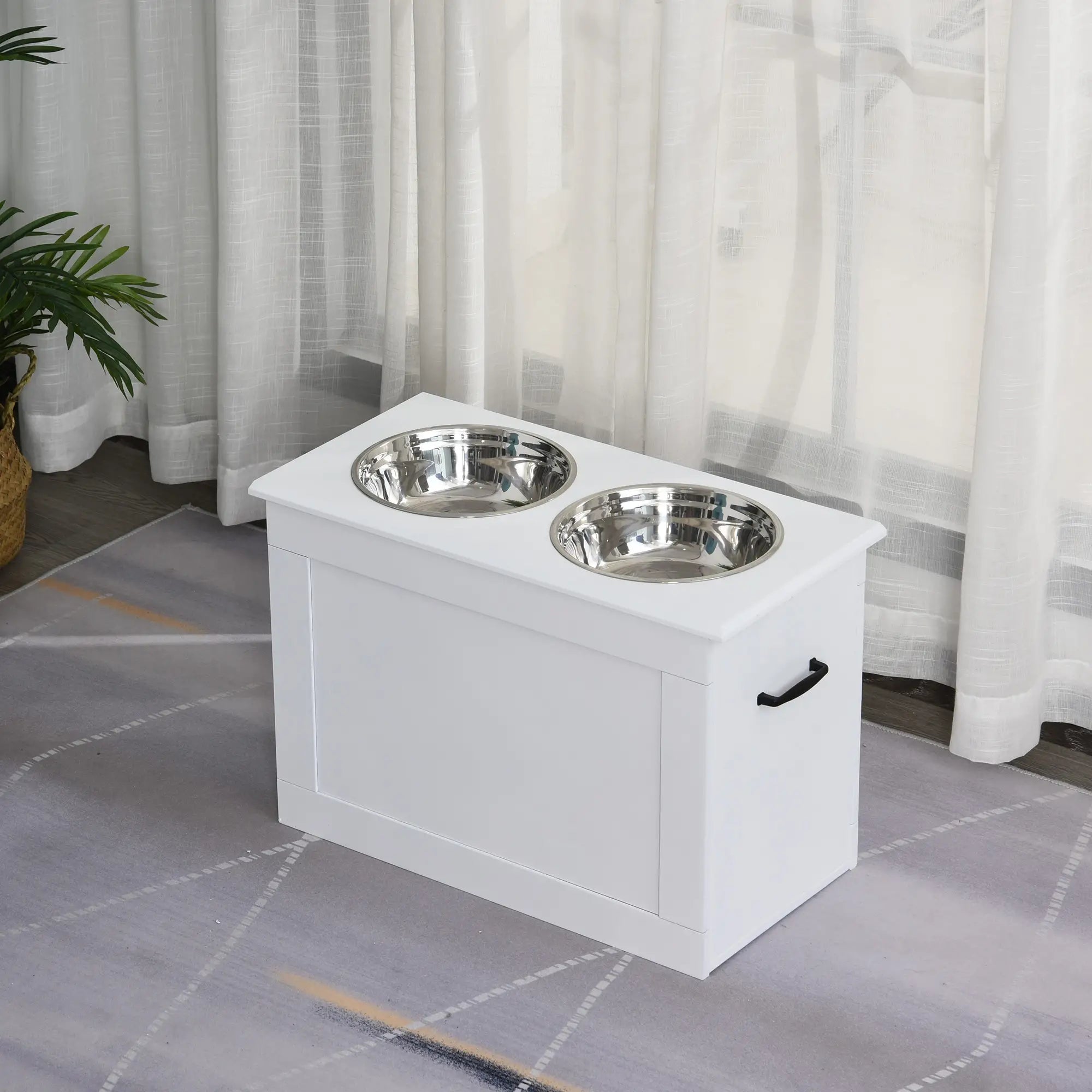 Raised Dog Bowls, with Storage, Two Stainless Steel Bowls, Elevated Base - White