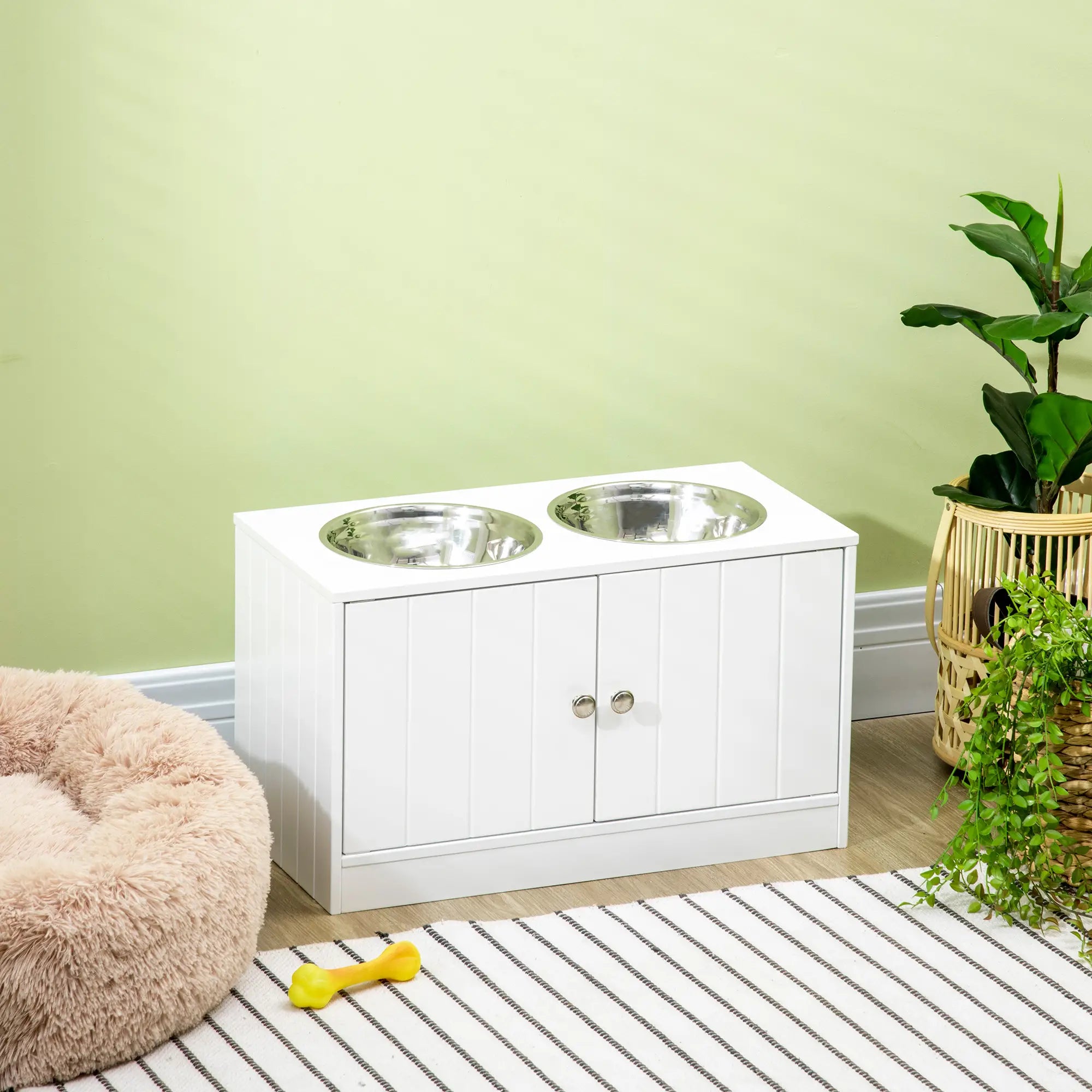 Raised Pet Feeder, with Two Bowls, Storage - White