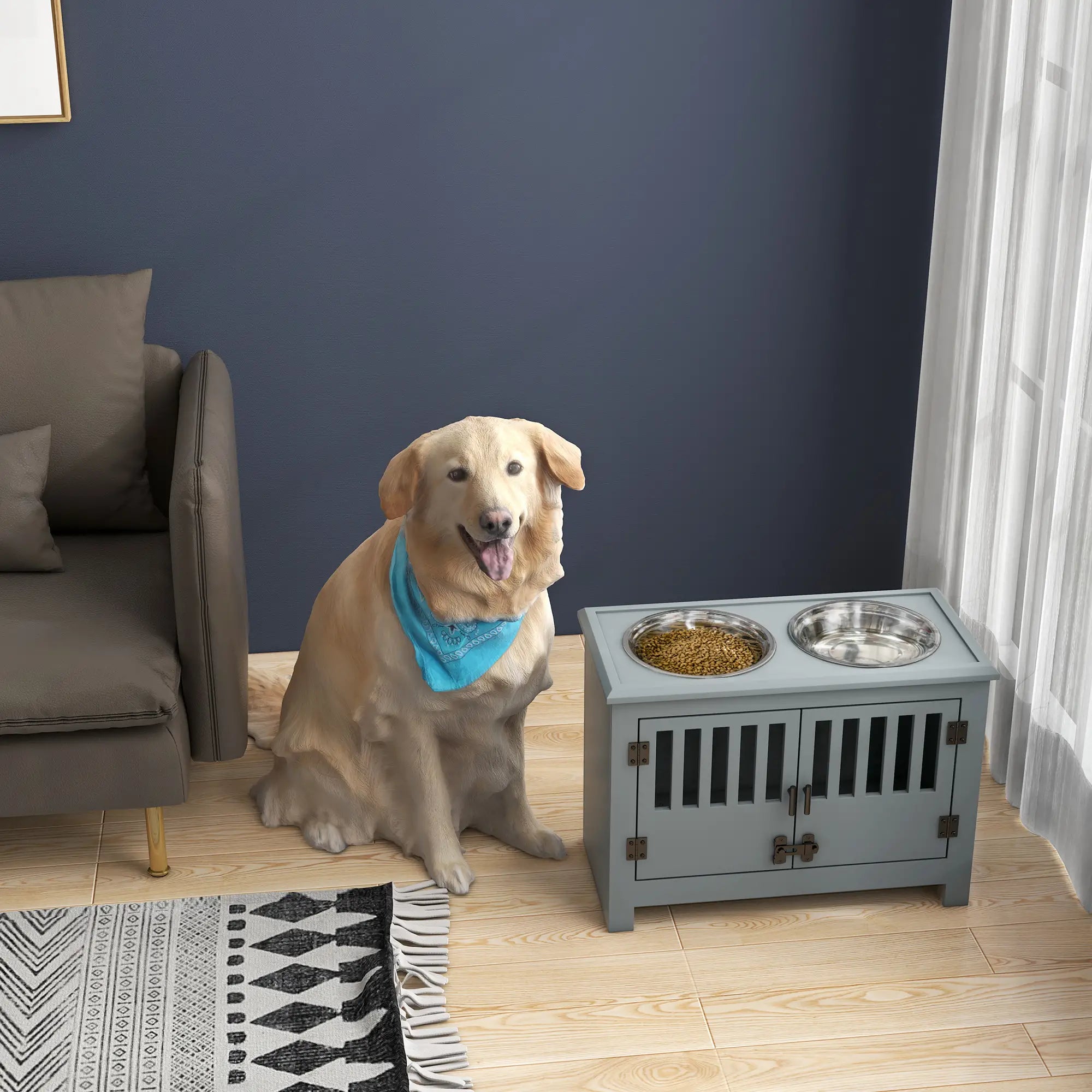 Raised Dog Bowls, Pet Feeding Station, with Storage, Food and Water Bowls, for Large Dogs - Grey