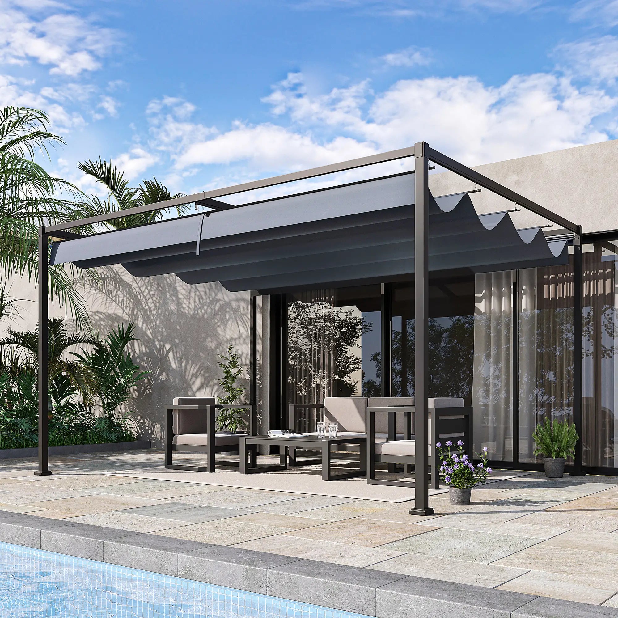 4 x 3(m) Metal Outdoor Pergola with Retractable Roof, Outdoor Gazebo with Drainage Holes for Garden, Patio, Lawn, Grey