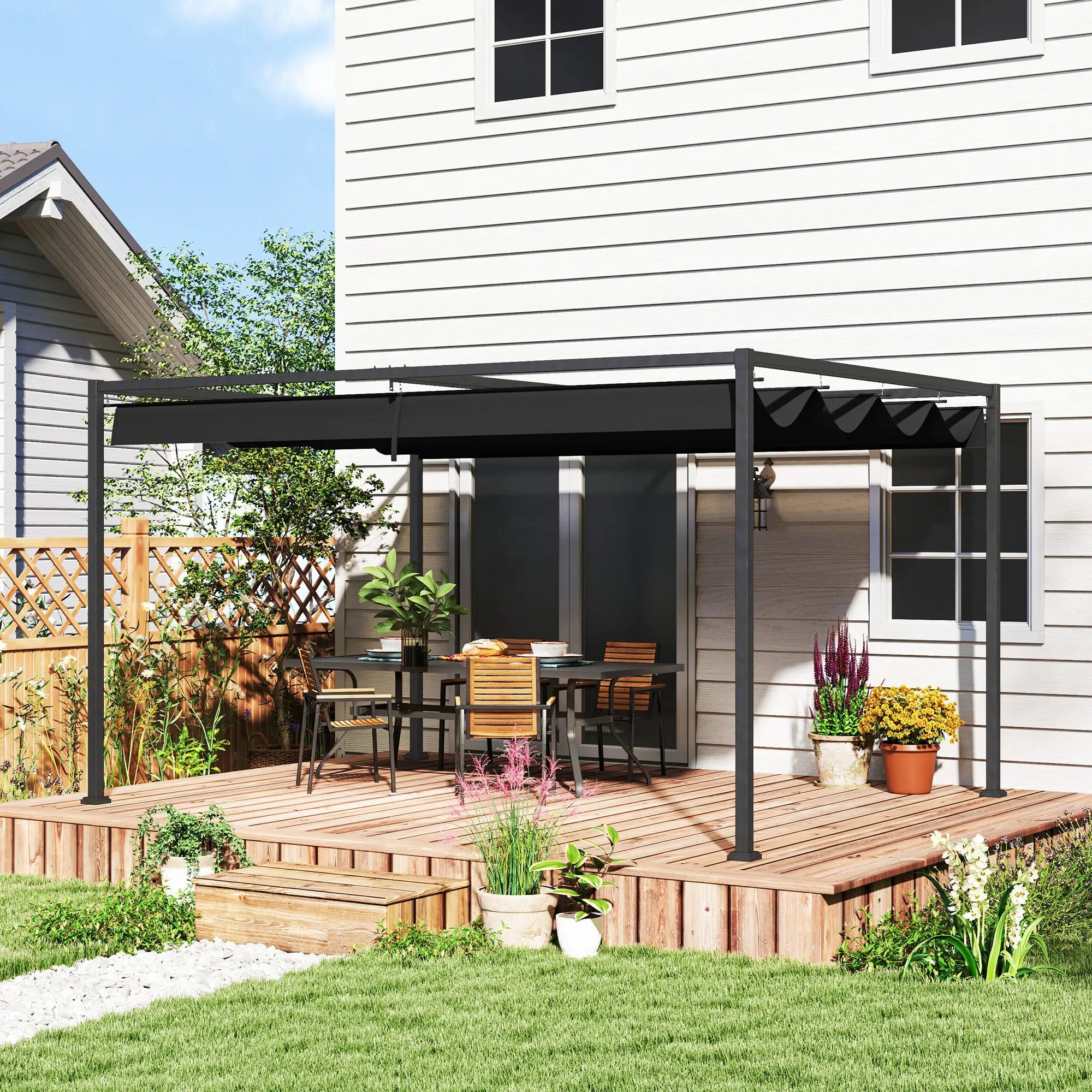 4 x 3m Metal Pergola, with Retractable Canopy Roof - Black Bargain Clearance Centre