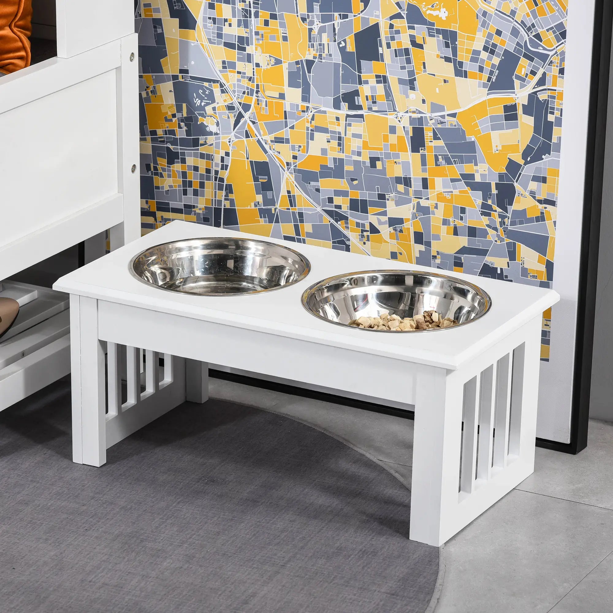 Raised Dog Feeding Bowls with Stand, Stainless Steel for Extra Small and Small Dog, 44L x 24W x 15H cm - White