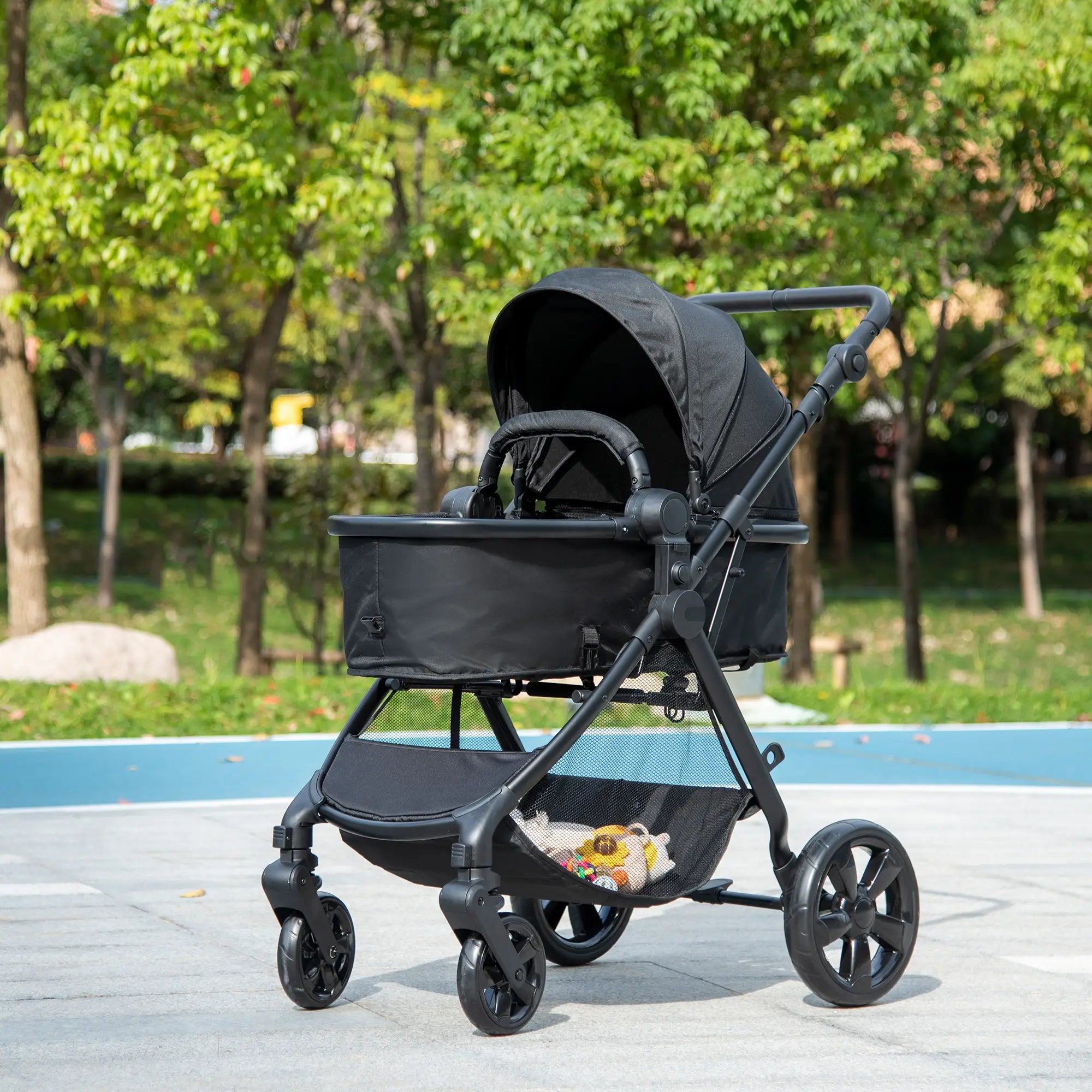 Foldable Baby Stoller, with Reclining Backrest, Adjustable Canopy, for Ages 0-36 Months - Black