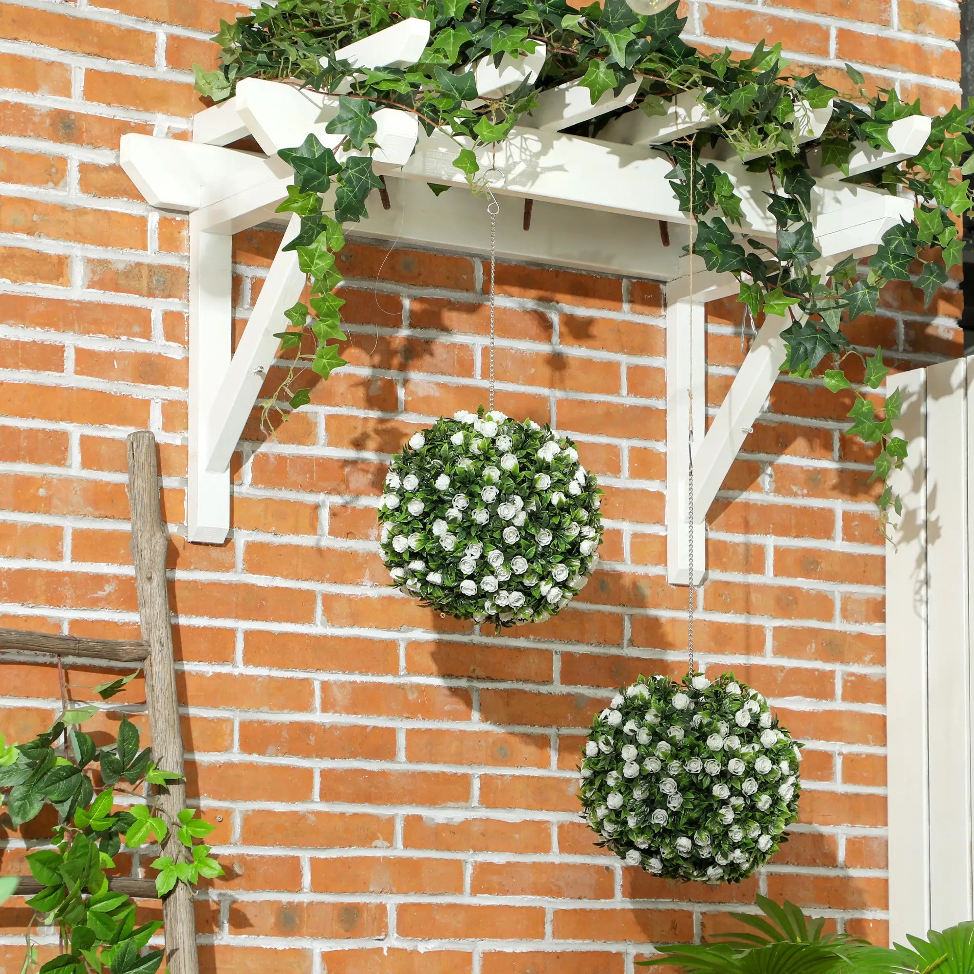 Set of 2 Decorative Artificial Plants, UV-protected Artificial Plant Topiary Rose Balls, Fake Plants for Home Indoor outdoor Decor, 28cm, White Bargain Clearance Centre
