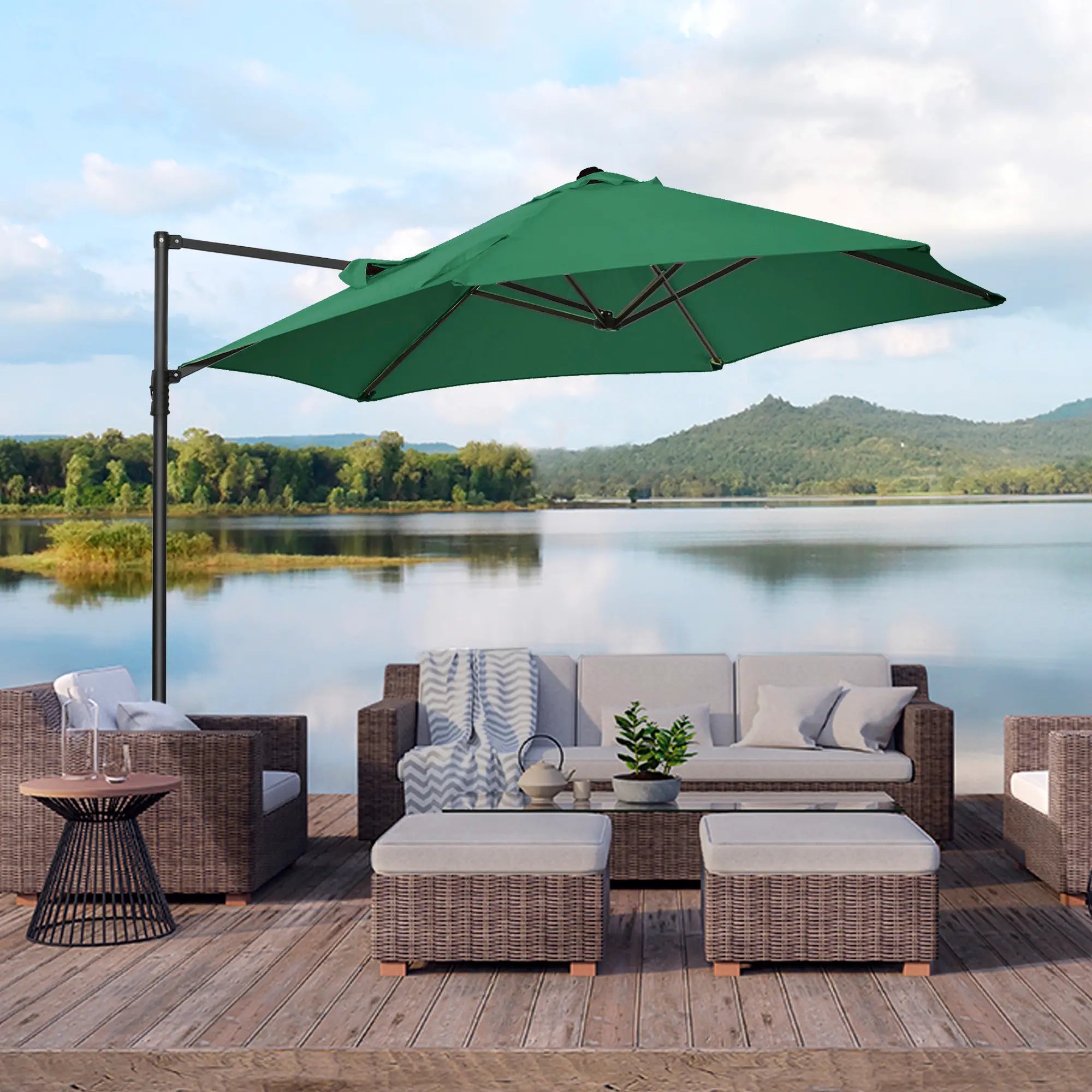 2.5M Garden Cantilever Parasol, Offset Roma Patio Umbrella Hanging Sun Shade Canopy Shelter with 360° Rotation and Cross Base, Green 4
