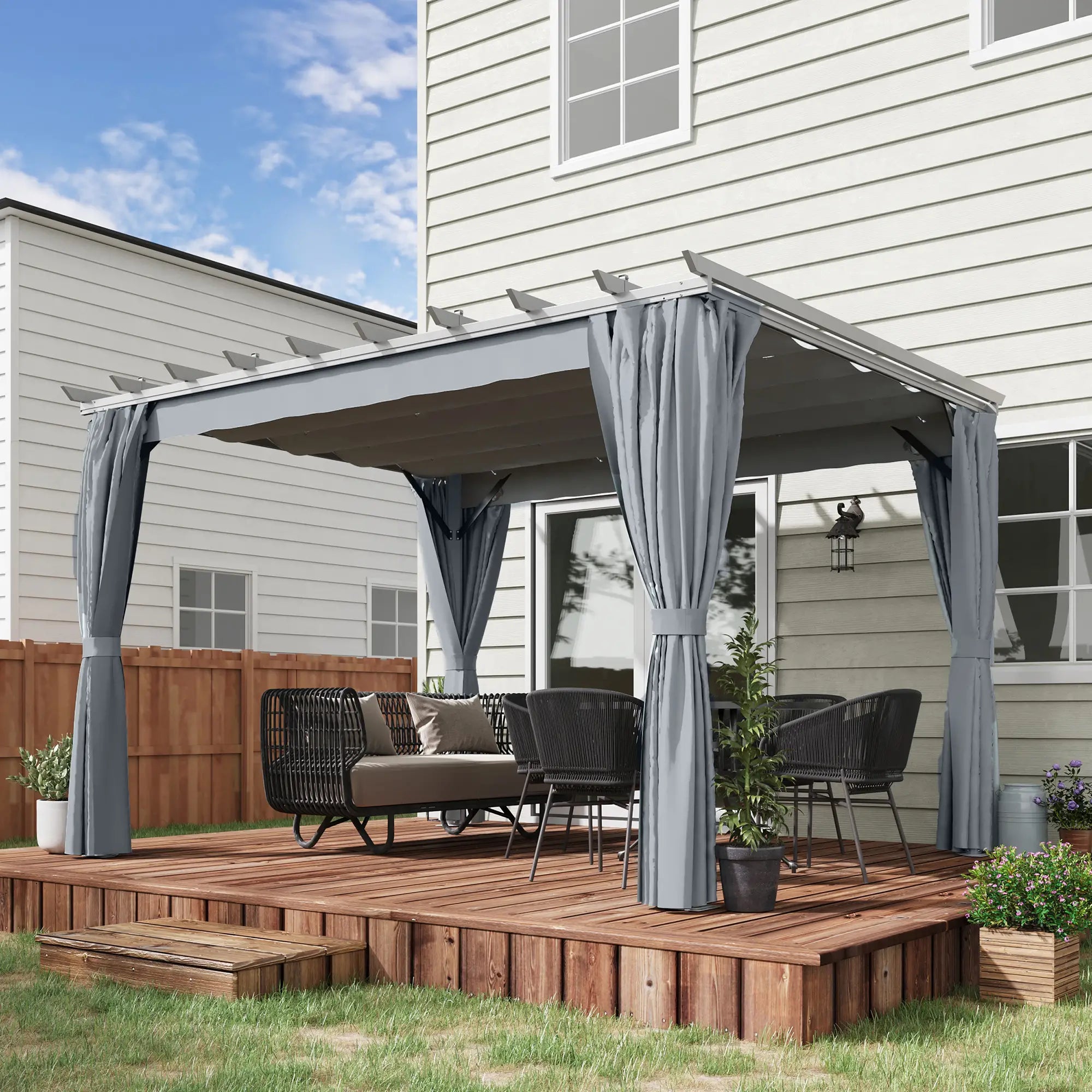 3.6 x 3(m) Outdoor Pergola with Retractable Roof and Curtains, Garden Gazebo Canopy Sun Shade Shelter with Aluminum Frame, Dark Grey
