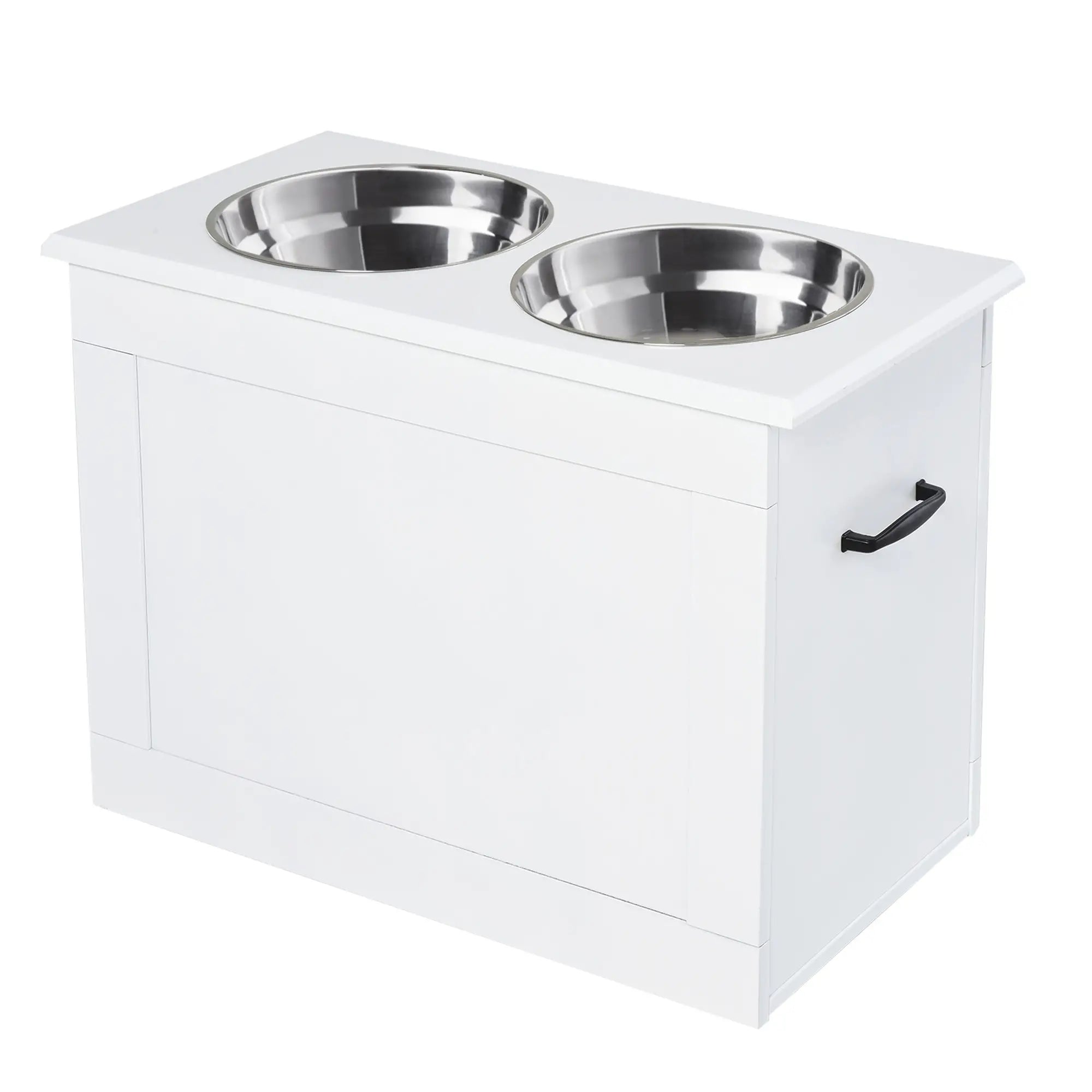Raised Dog Bowls, with Storage, Two Stainless Steel Bowls, Elevated Base - White