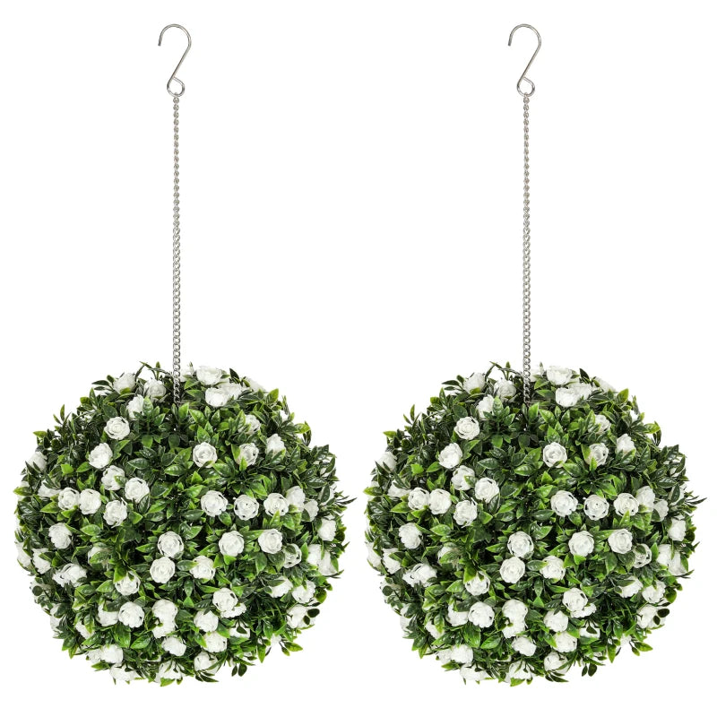 Set of 2 Decorative Artificial Plants, UV-protected Artificial Plant Topiary Rose Balls, Fake Plants for Home Indoor outdoor Decor, 28cm, White Bargain Clearance Centre