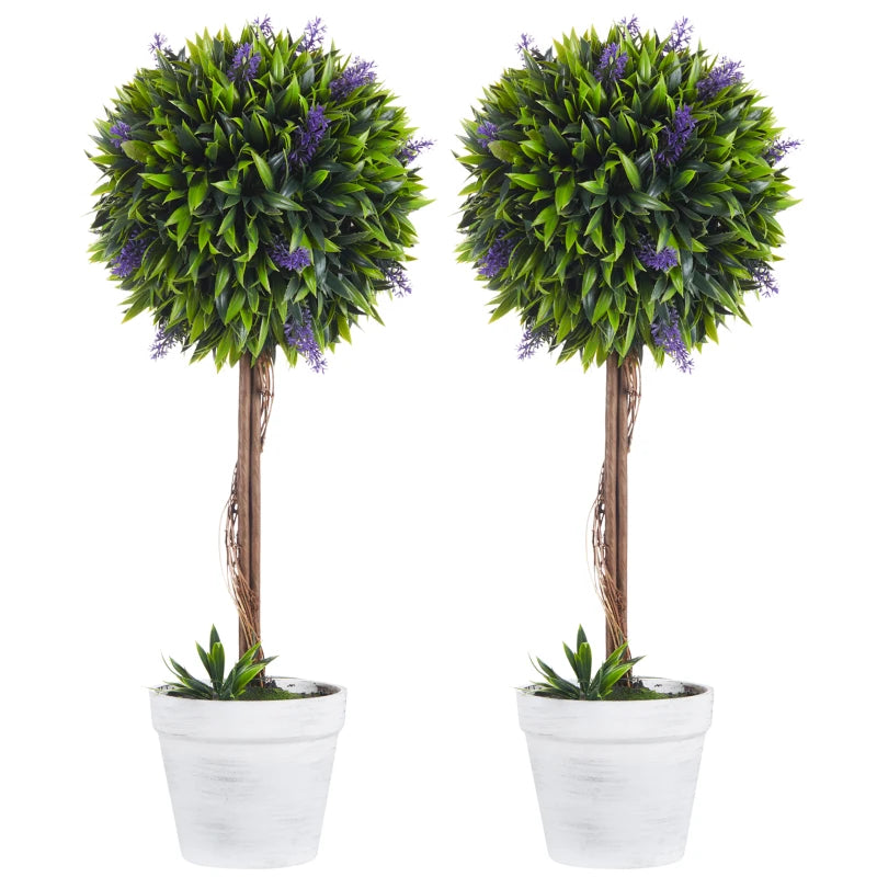 Set of 2 Decorative Artificial Plants Ball Trees with Lavender Flowers in Pot Fake Plants for Home Indoor Outdoor Decor, 60cm, Green Bargain Clearance Centre