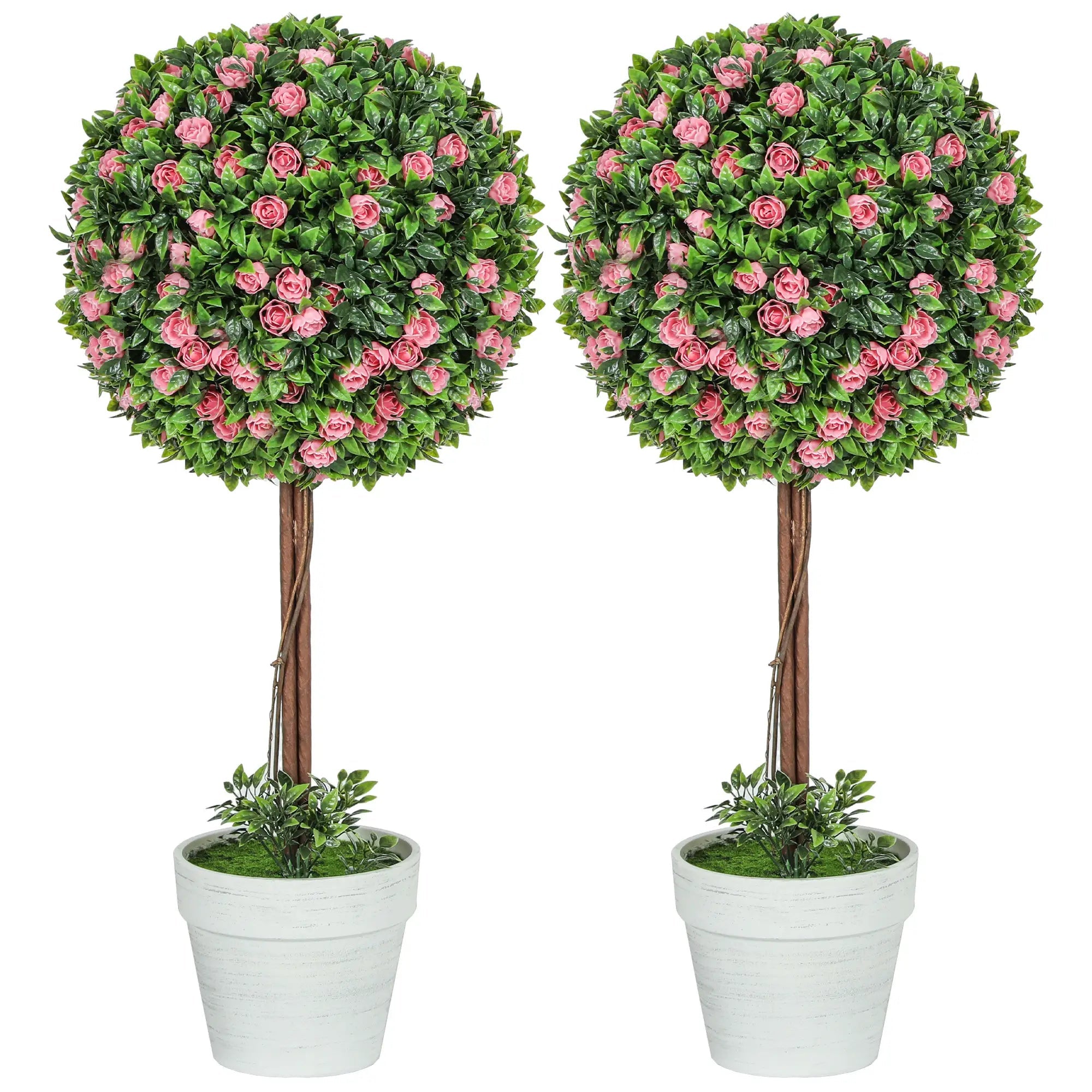Set of 2 Decorative Artificial Plants, Ball Topiary Tree with Rose Flower in Pot, Fake Plants for Home Indoor Outdoor Decor, 60cm, Pink Bargain Clearance Centre