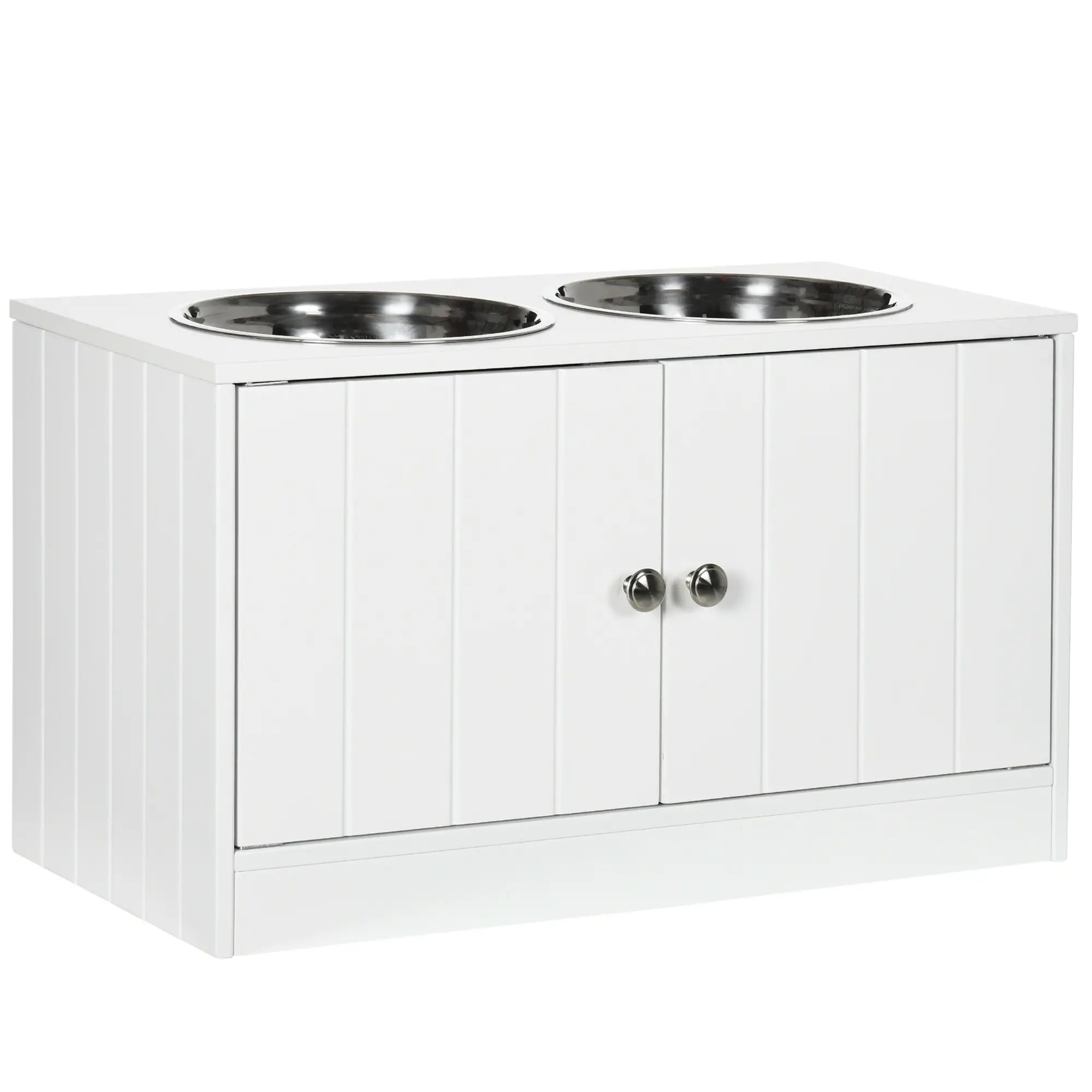 Raised Pet Feeder, with Two Bowls, Storage - White