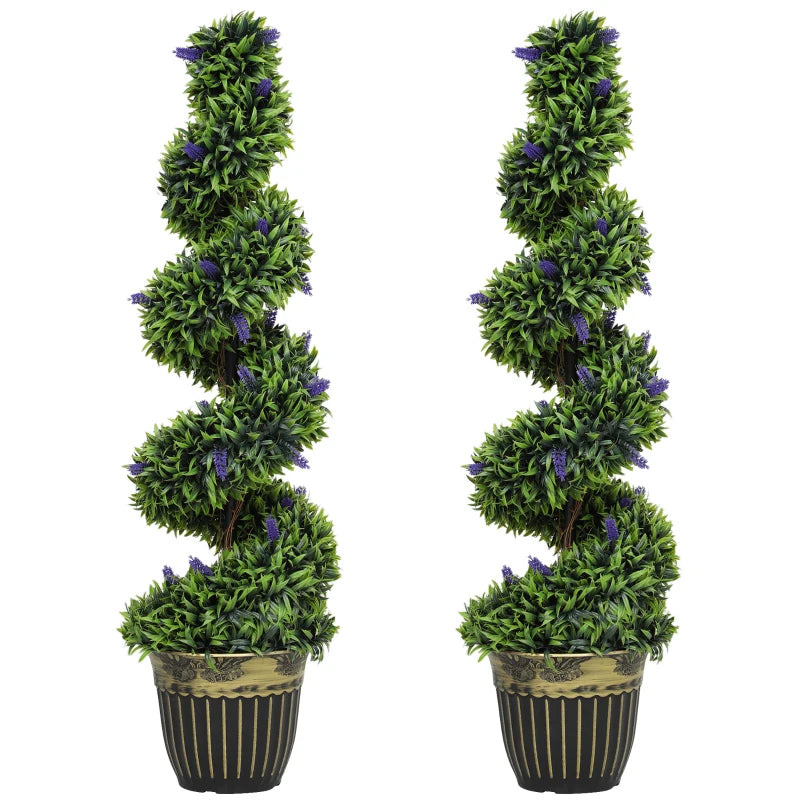 Set of 2 Decorative Artificial Plants, Boxwood Spiral Topiary Tree with Lavender and Pot, Fake Plants for Home Indoor Outdoor Decor, 115cm Bargain Clearance Centre