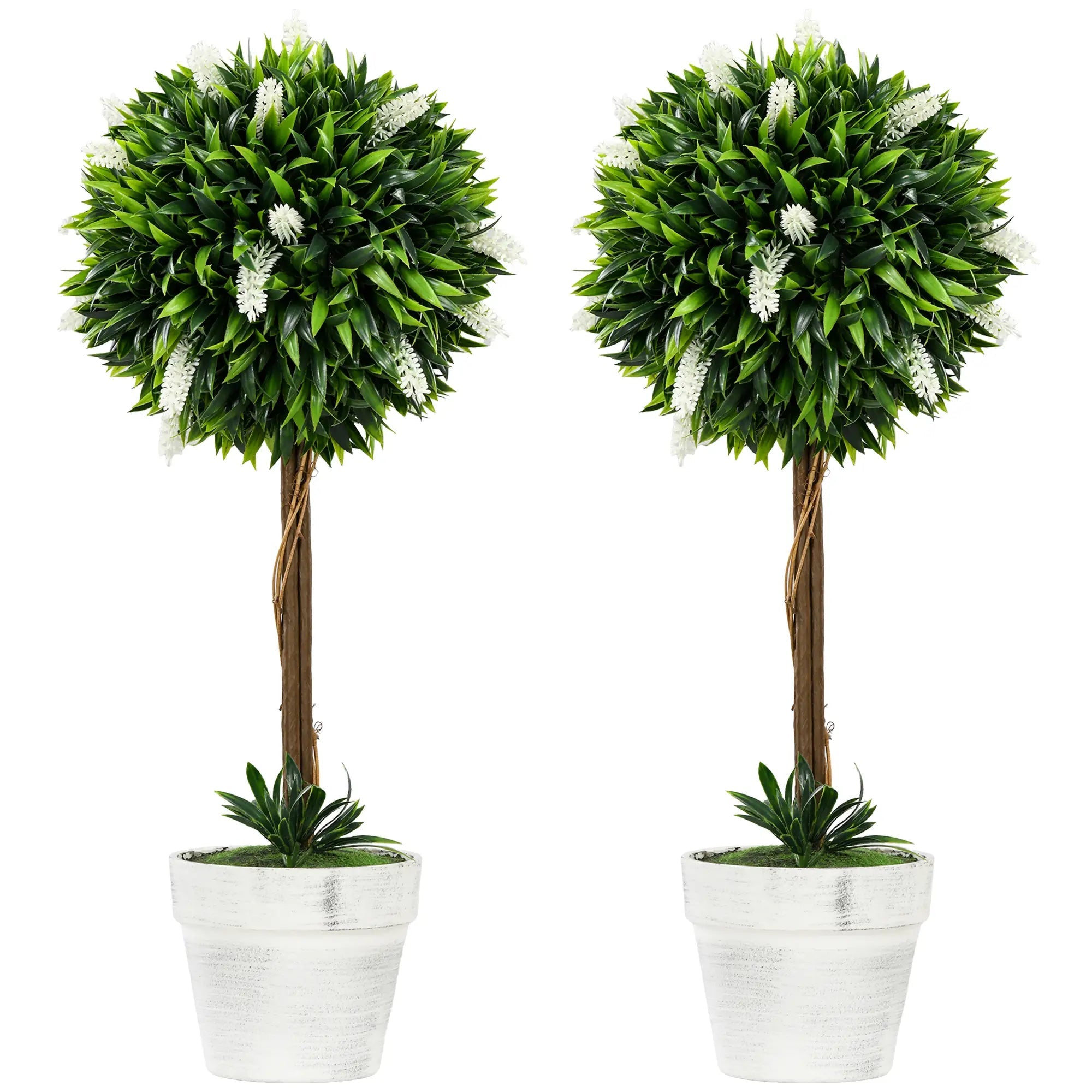 Set of 2 Decorative Artificial Plants Ball Trees with Flower for Home Indoor Outdoor Decor, 60cm ,White Bargain Clearance Centre