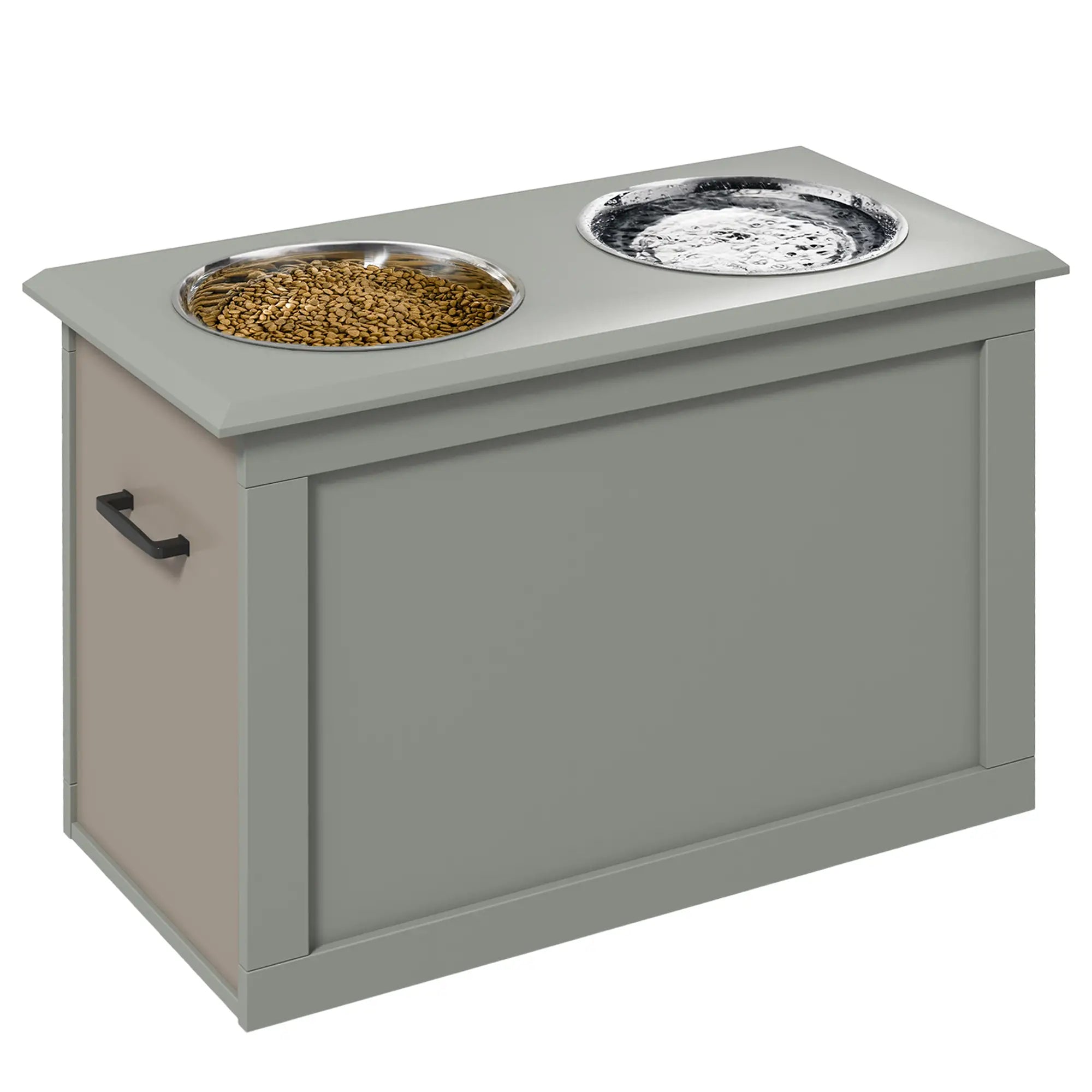 Raised Dog Bowls, with Storage, Two Stainless Steel Bowls, Elevated Base - Grey