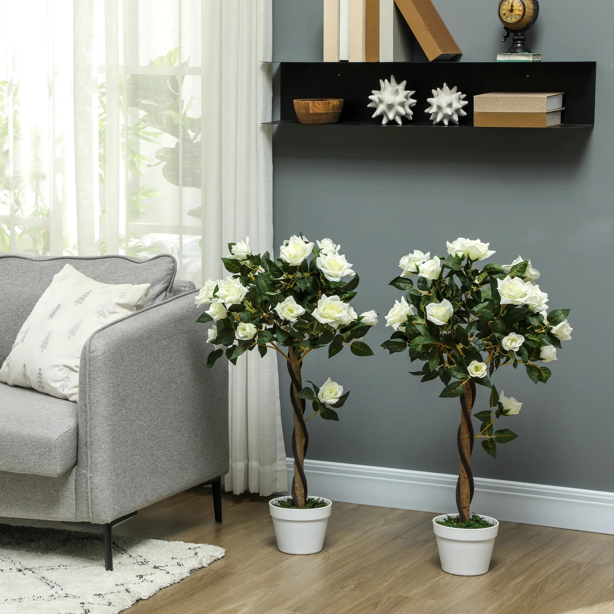 Set of Two Faux Rose Trees - White Bargain Clearance Centre