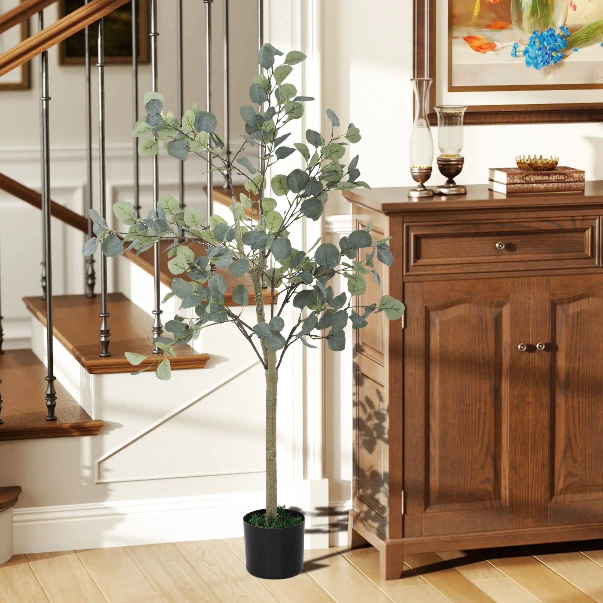 Decorative Artificial Tree, 5ft/ 150cm Silk Eucalyptus Tree with 230 Silver Dollar Leaves in Pot, Fake Plant for Home, Office, Living Room, Indoor Decor Bargain Clearance Centre