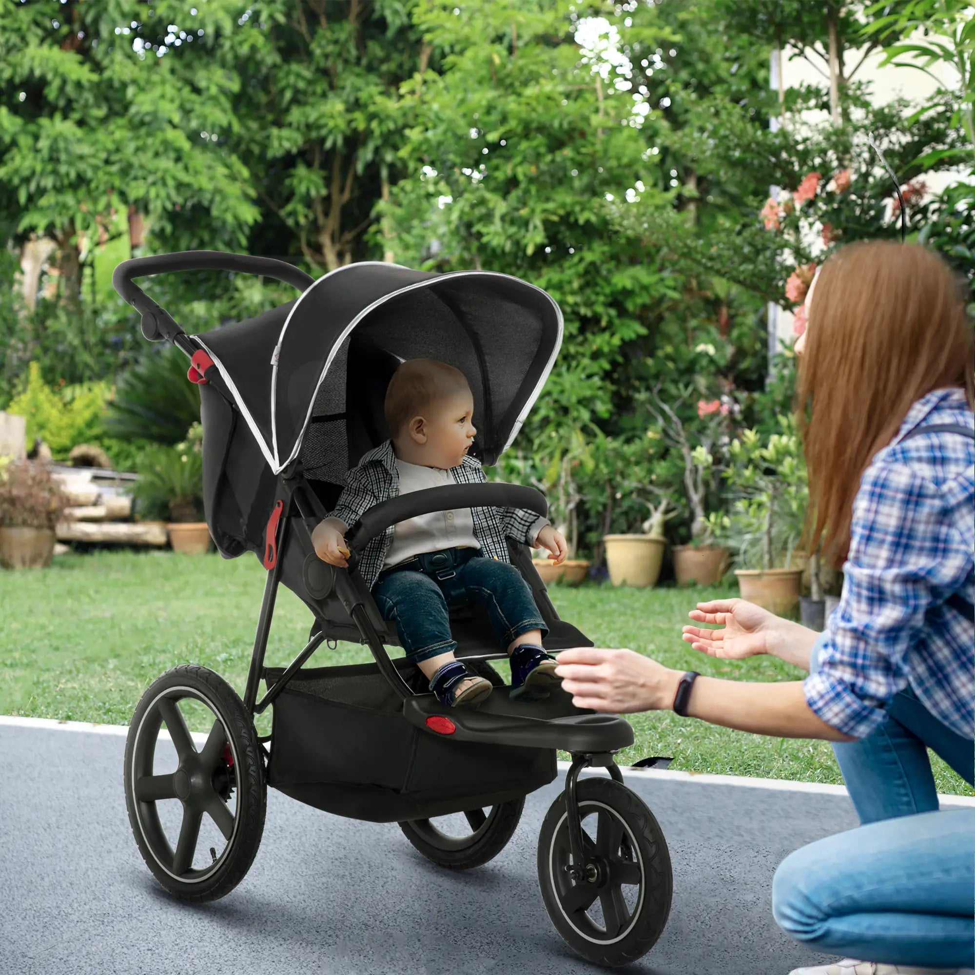 Foldable Three-Wheeler Baby Stroller w/ Canopy, Storage Basket - Black