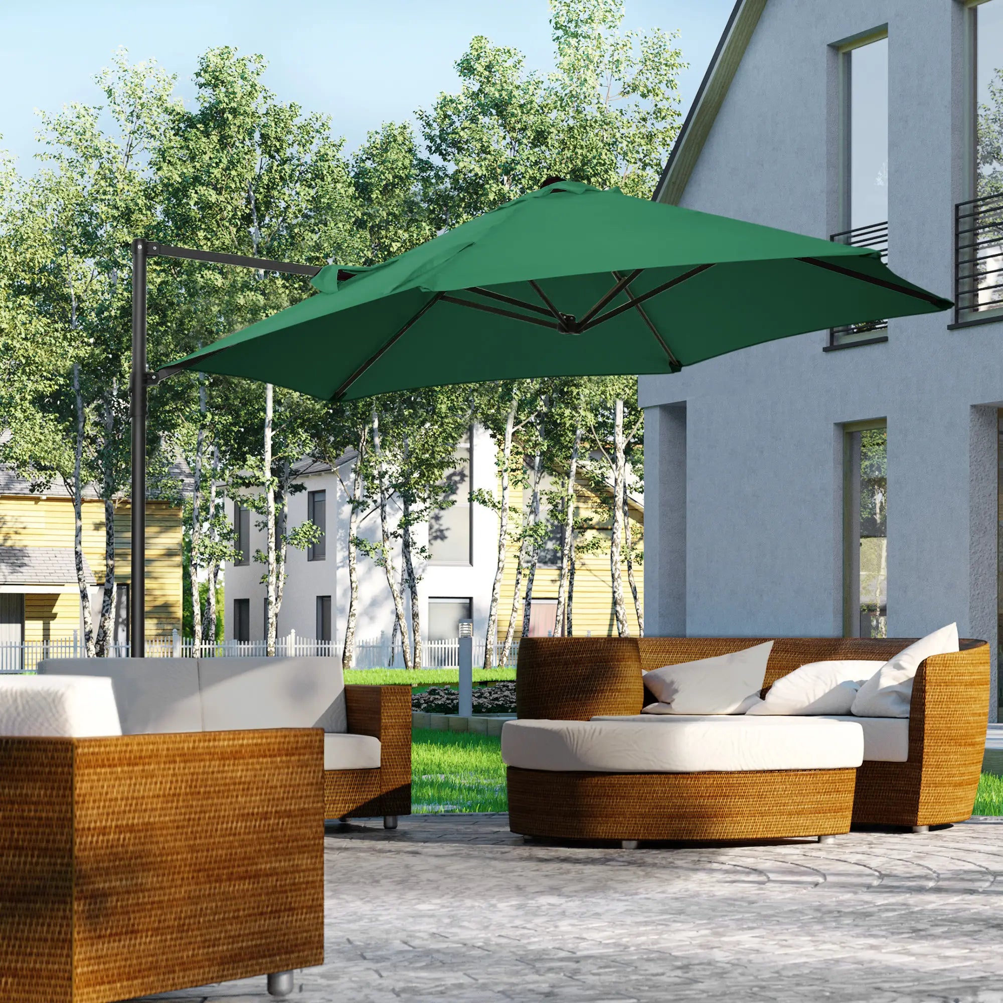 2.5M Garden Cantilever Parasol, Offset Roma Patio Umbrella Hanging Sun Shade Canopy Shelter with 360° Rotation and Cross Base, Green 4