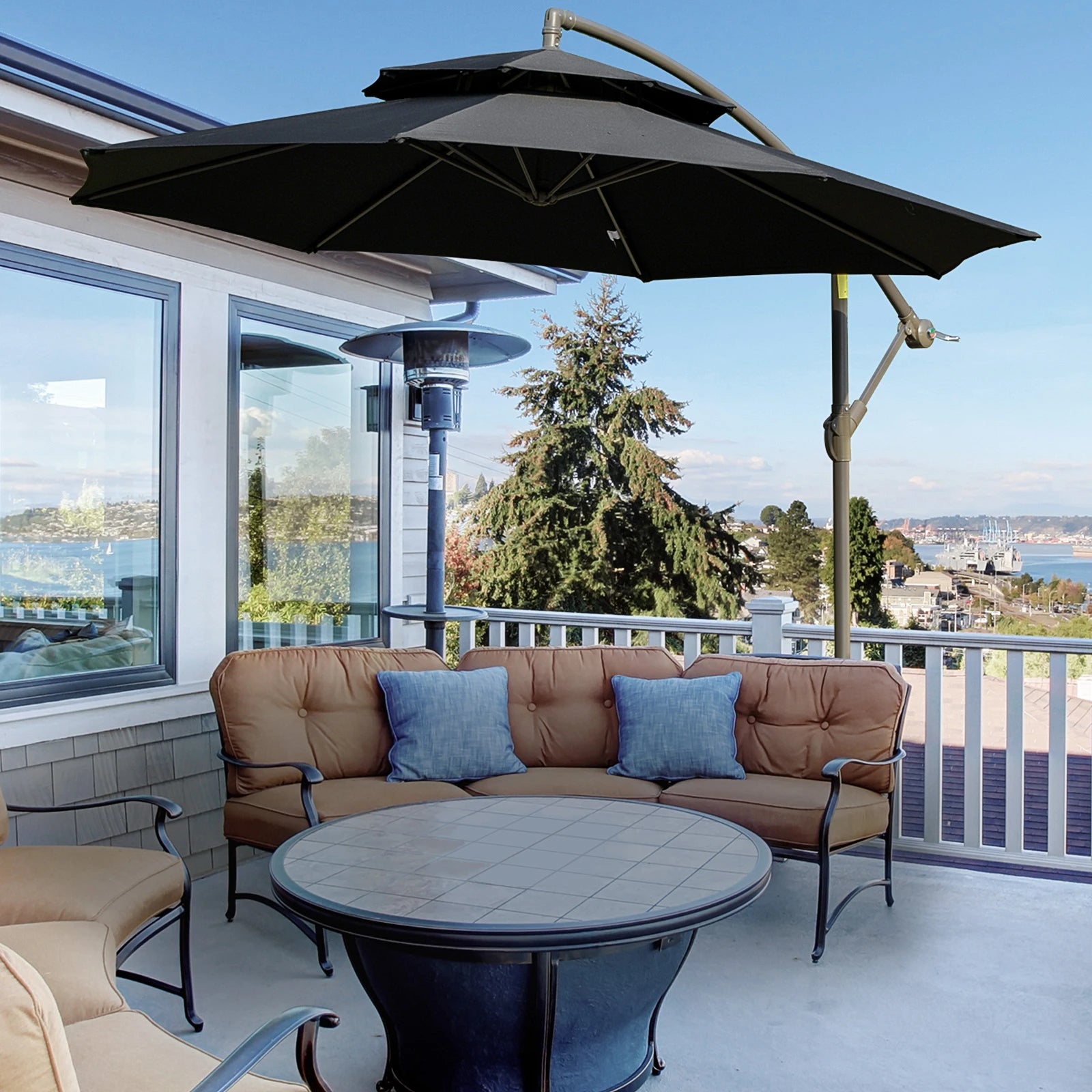 2.7m Banana Parasol Cantilever Umbrella with Crank Handle, Double Tier Canopy and Cross Base for Outdoor, Hanging Sun Shade, Black