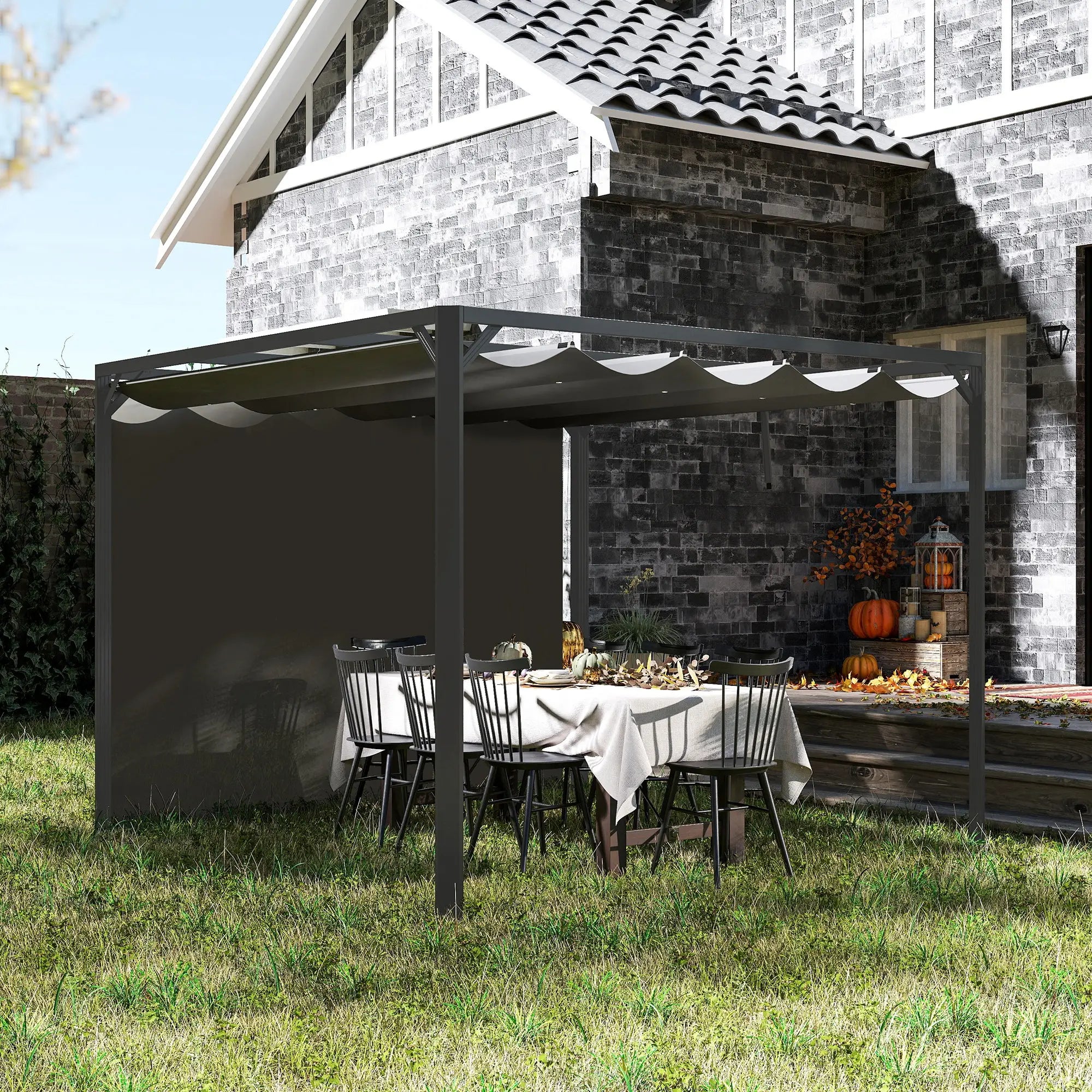 3 x 3m Aluminium Pergola, with Retractable Roof and Wall - Dark Grey