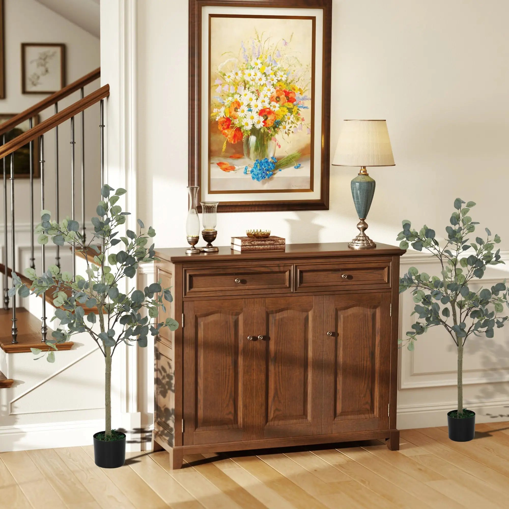 Set of 2 Decorative Artificial Tree, 4ft/ 120cm Silk Eucalyptus Trees with 230 Silver Dollar Leaves in Pot, Fake Plants for Home, Office, Living Room, Indoor Decor Bargain Clearance Centre