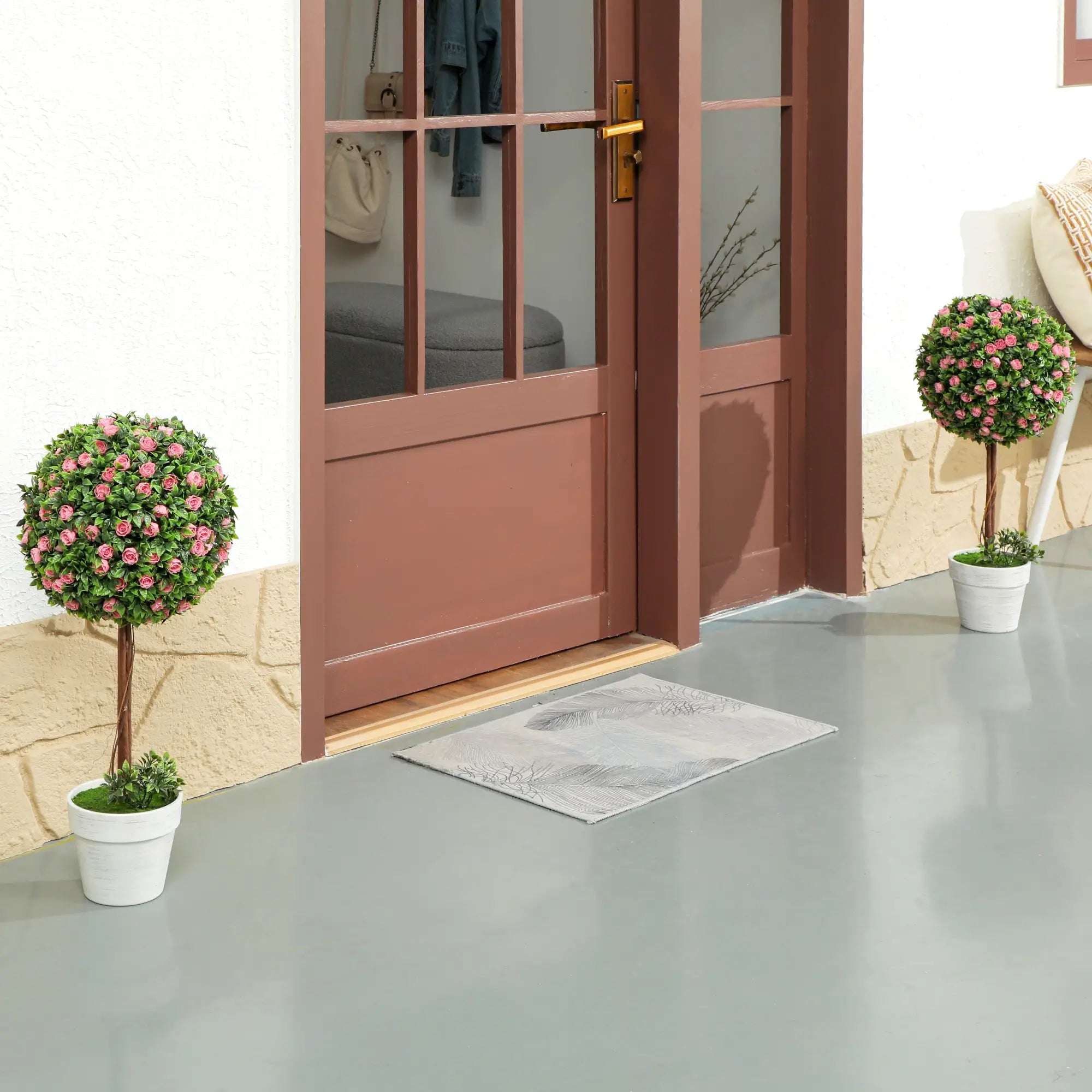Set of 2 Decorative Artificial Plants, Ball Topiary Tree with Rose Flower in Pot, Fake Plants for Home Indoor Outdoor Decor, 60cm, Pink Bargain Clearance Centre