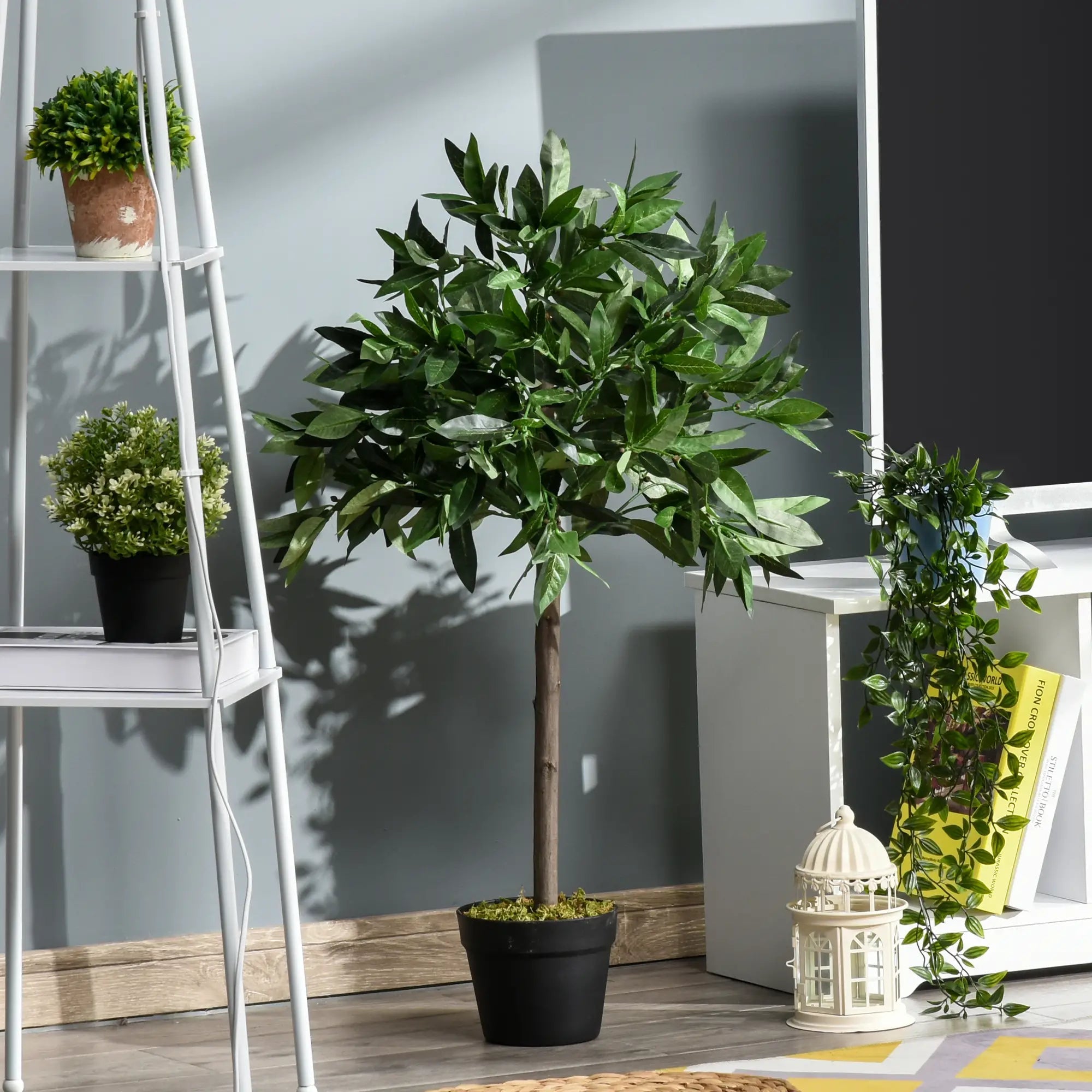 Artificial Bay Laurel Topiary Trees w/ Pot Fake, Set Of 2 90cm/3FT Indoor Outdoor Greenery Plant Home Office Garden Decor Green Bargain Clearance Centre