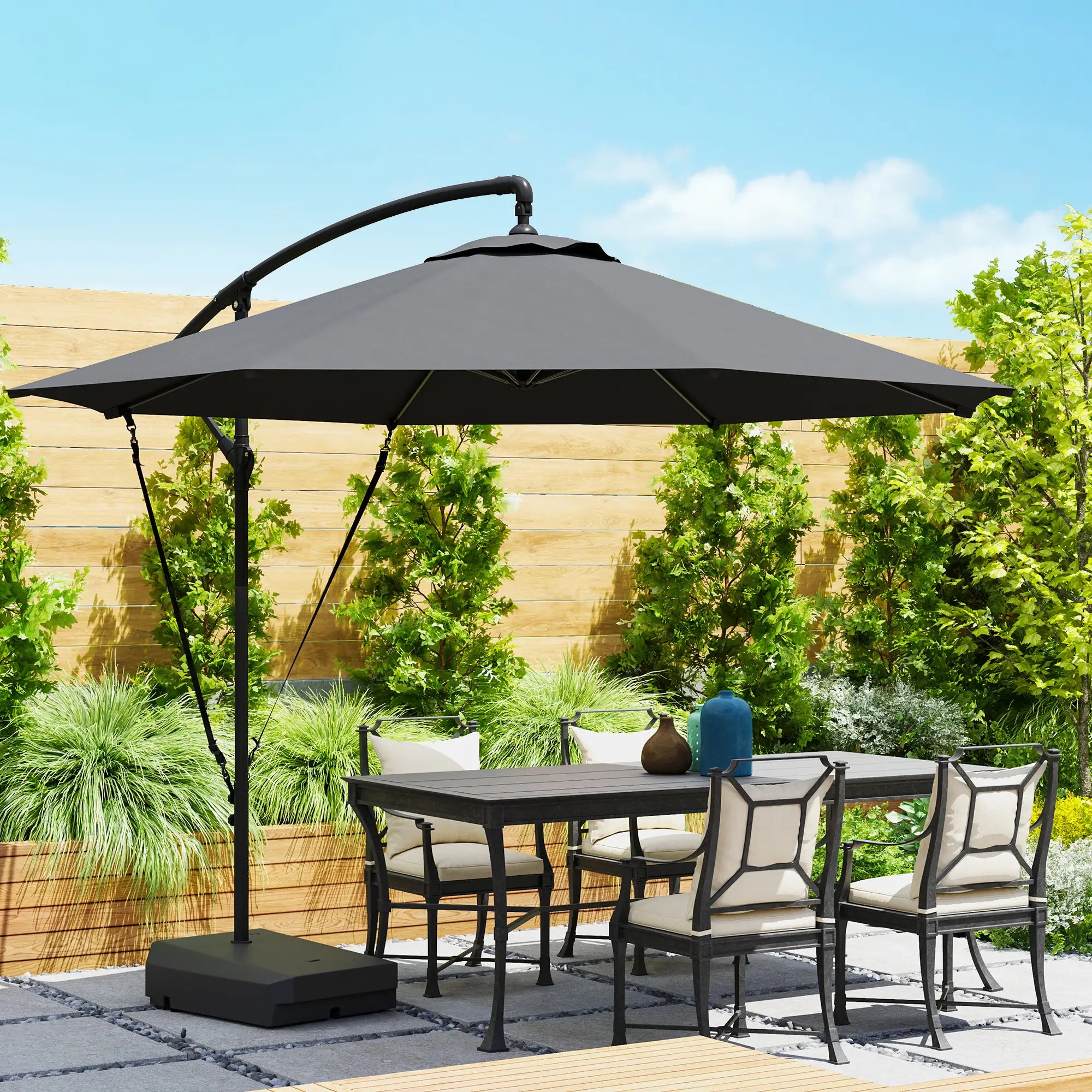 3(m) Garden Cantilever Parasol with Fillable Base up to 90kg, Wind Protection Strap, Cover, Round Banana Hanging Umbrella with Crank Handle and Tilt, UPF50+ Patio Umbrella, Grey