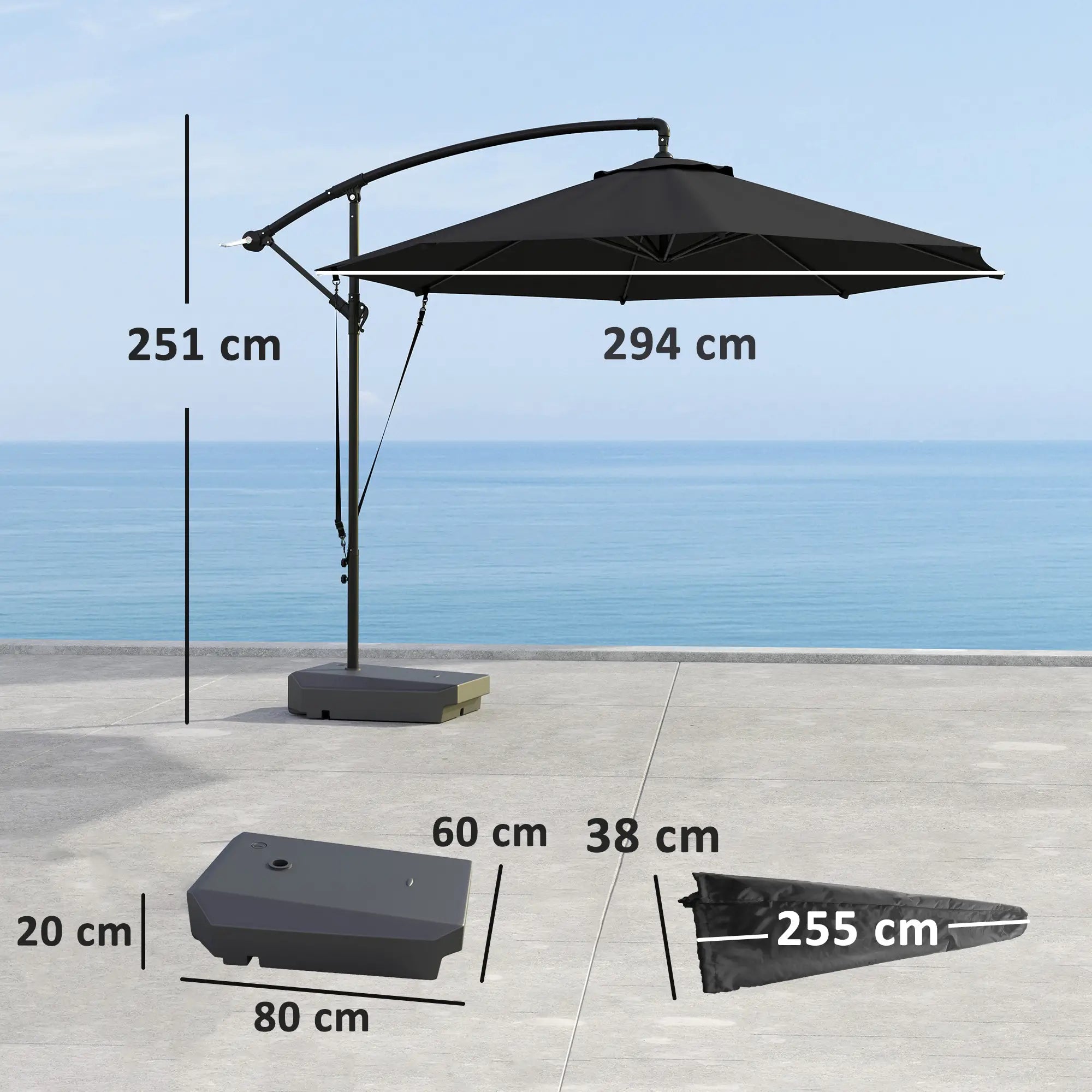 3(m) Garden Cantilever Parasol with Fillable Base up to 90kg, Wind Protection Strap, Cover, Round Banana Hanging Umbrella with Crank Handle and Tilt, UPF50+ Patio Umbrella, Grey