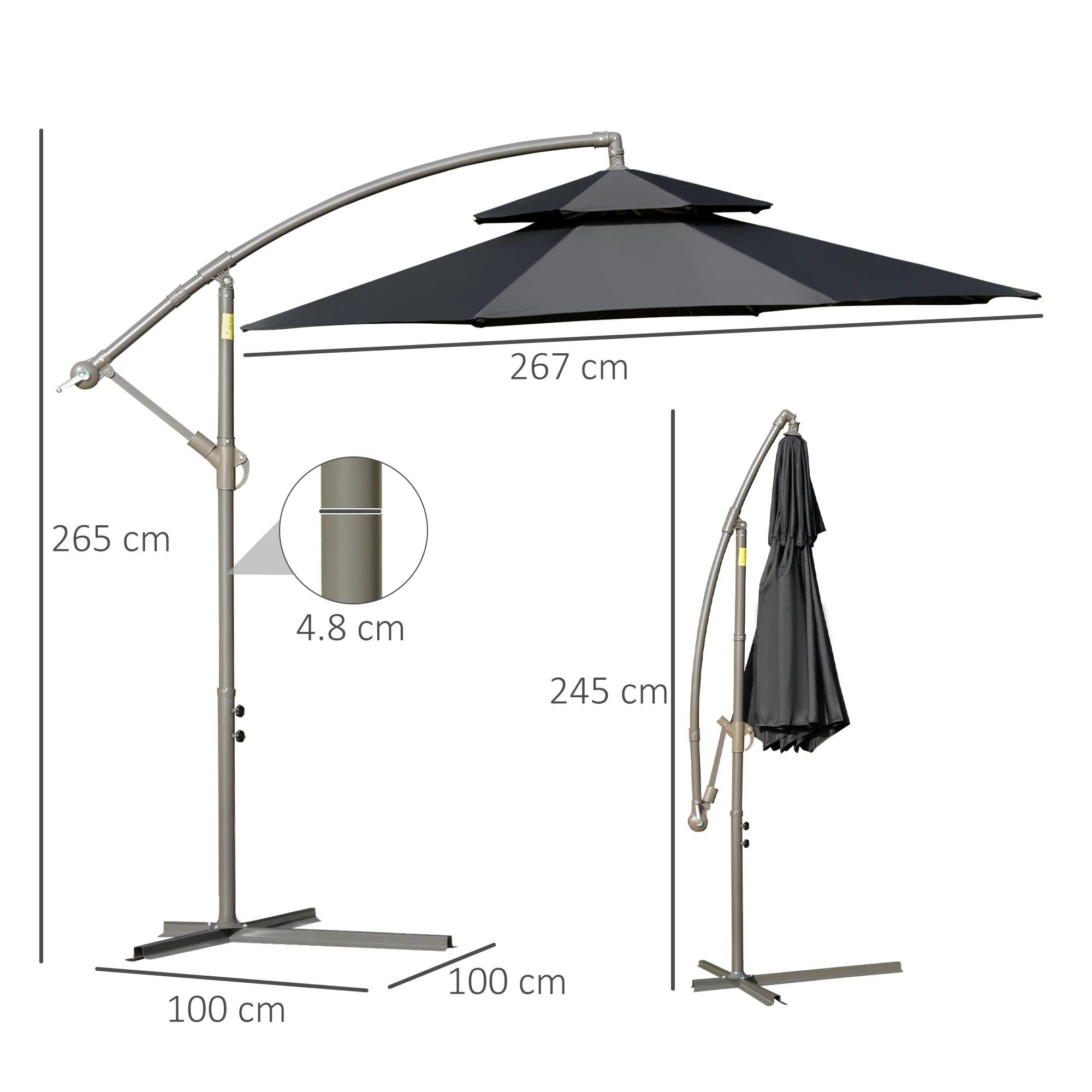 2.7m Banana Parasol Cantilever Umbrella with Crank Handle, Double Tier Canopy and Cross Base for Outdoor, Hanging Sun Shade, Black
