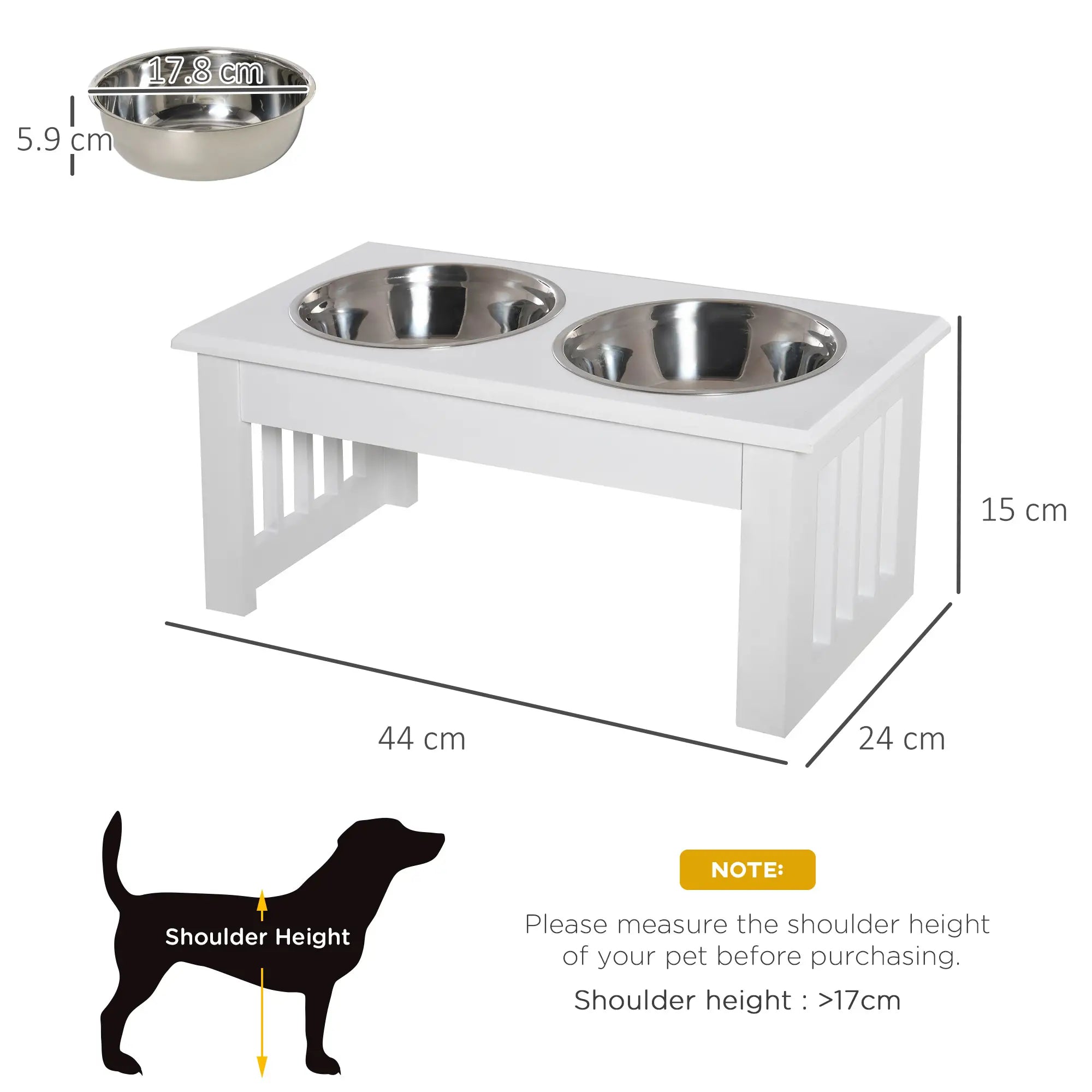 Raised Dog Feeding Bowls with Stand, Stainless Steel for Extra Small and Small Dog, 44L x 24W x 15H cm - White