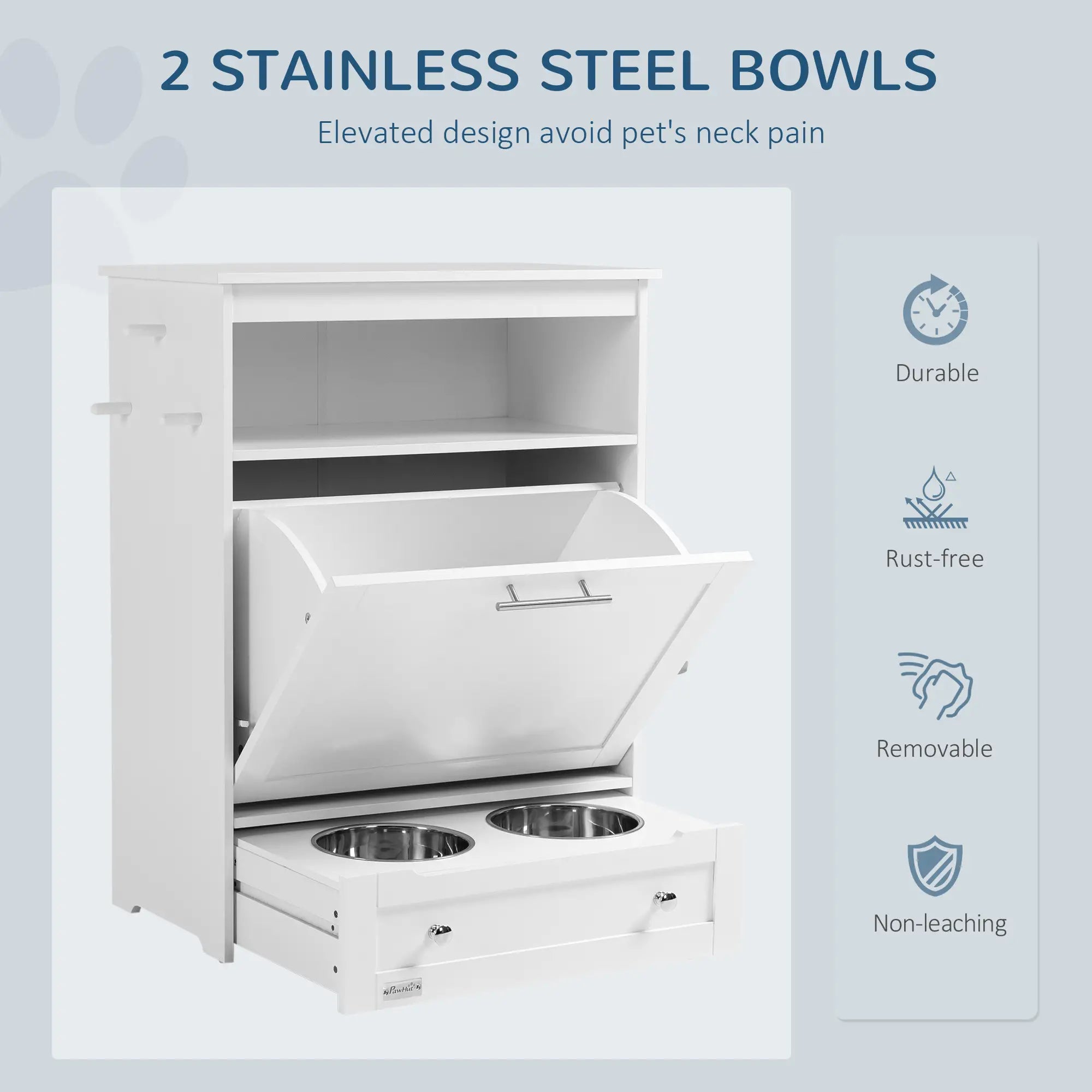 Pet Feeder Station, Dog, Cat Storage Container, with Raised Bowls, Hanger, Cabinet - White