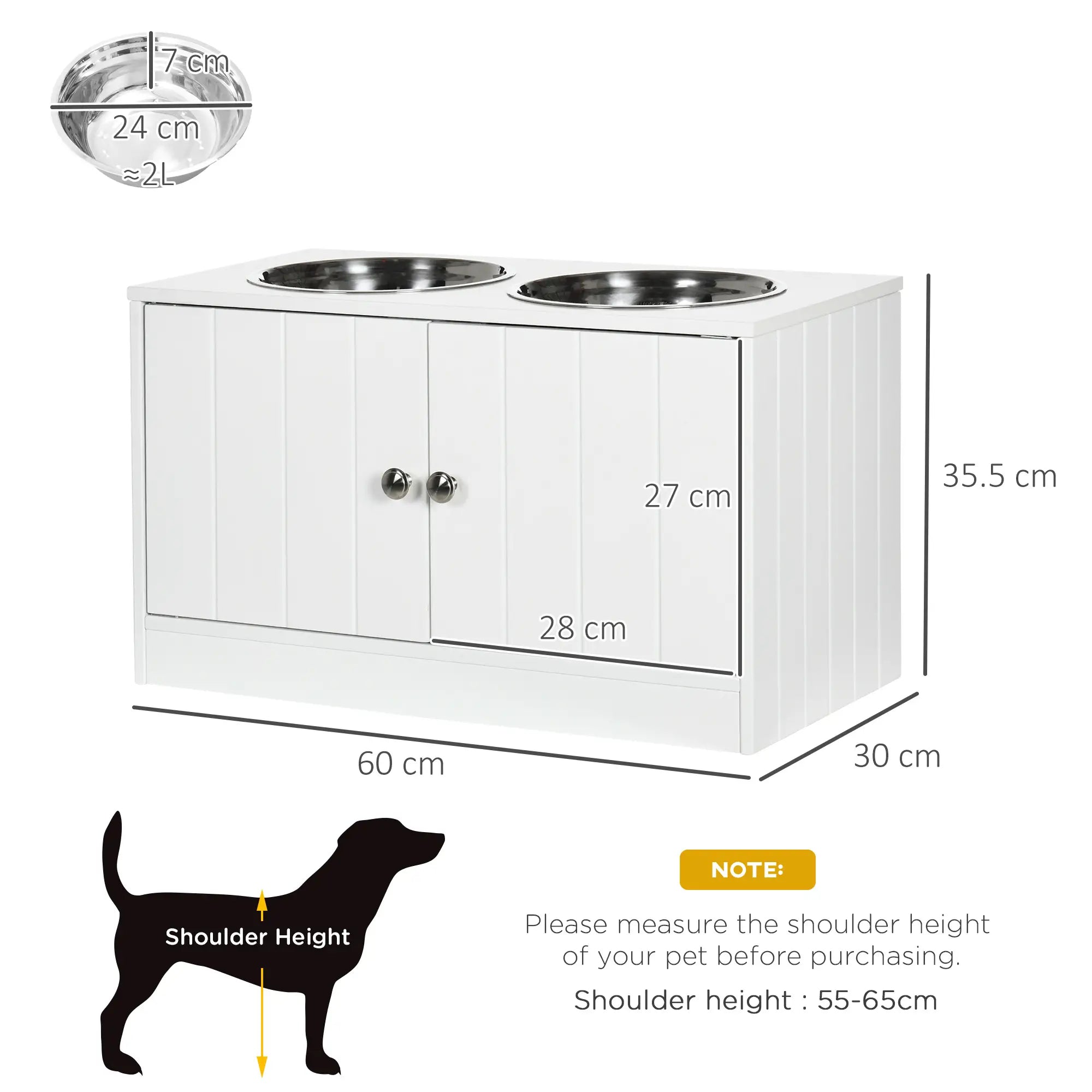 Raised Pet Feeder, with Two Bowls, Storage - White