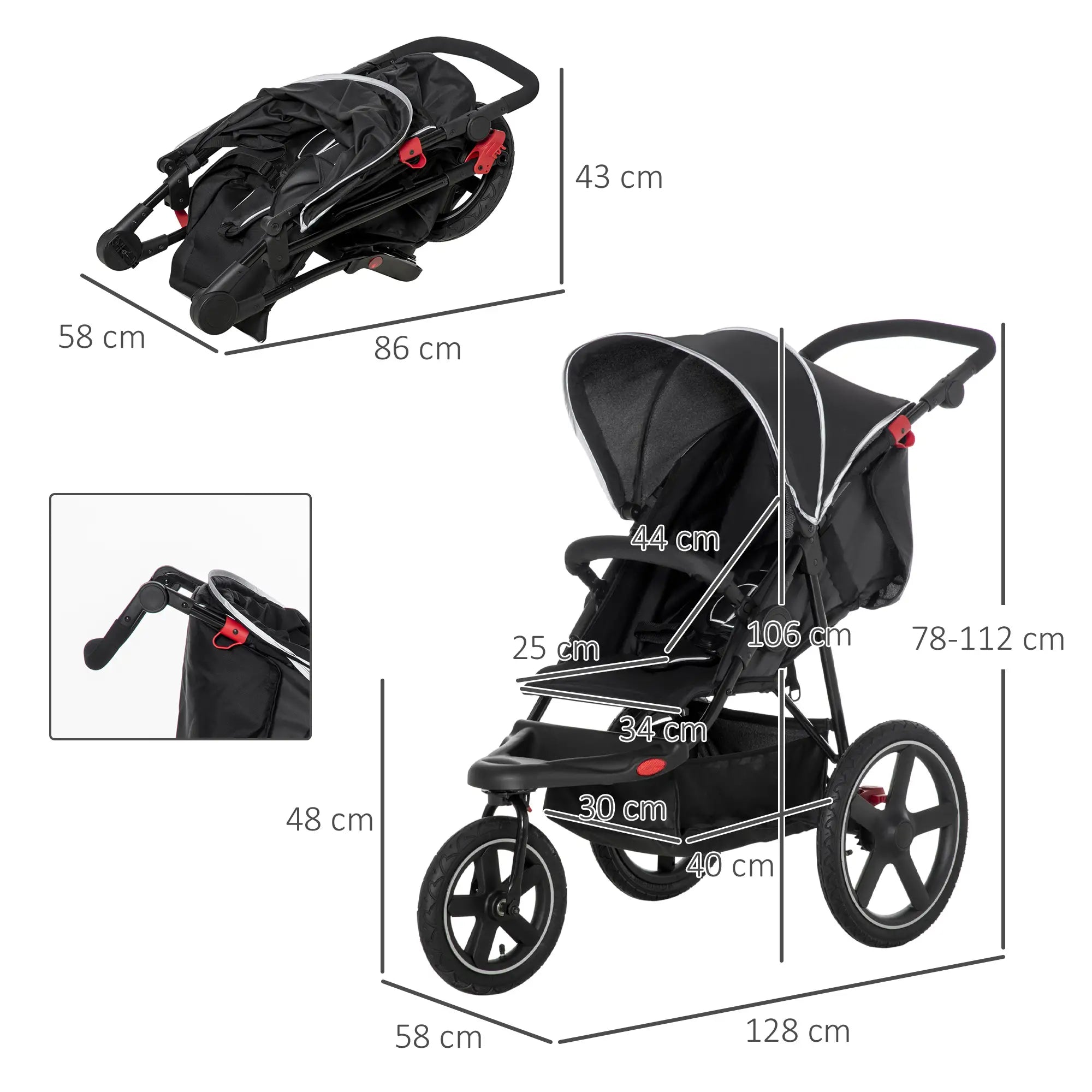 Foldable Three-Wheeler Baby Stroller w/ Canopy, Storage Basket - Black