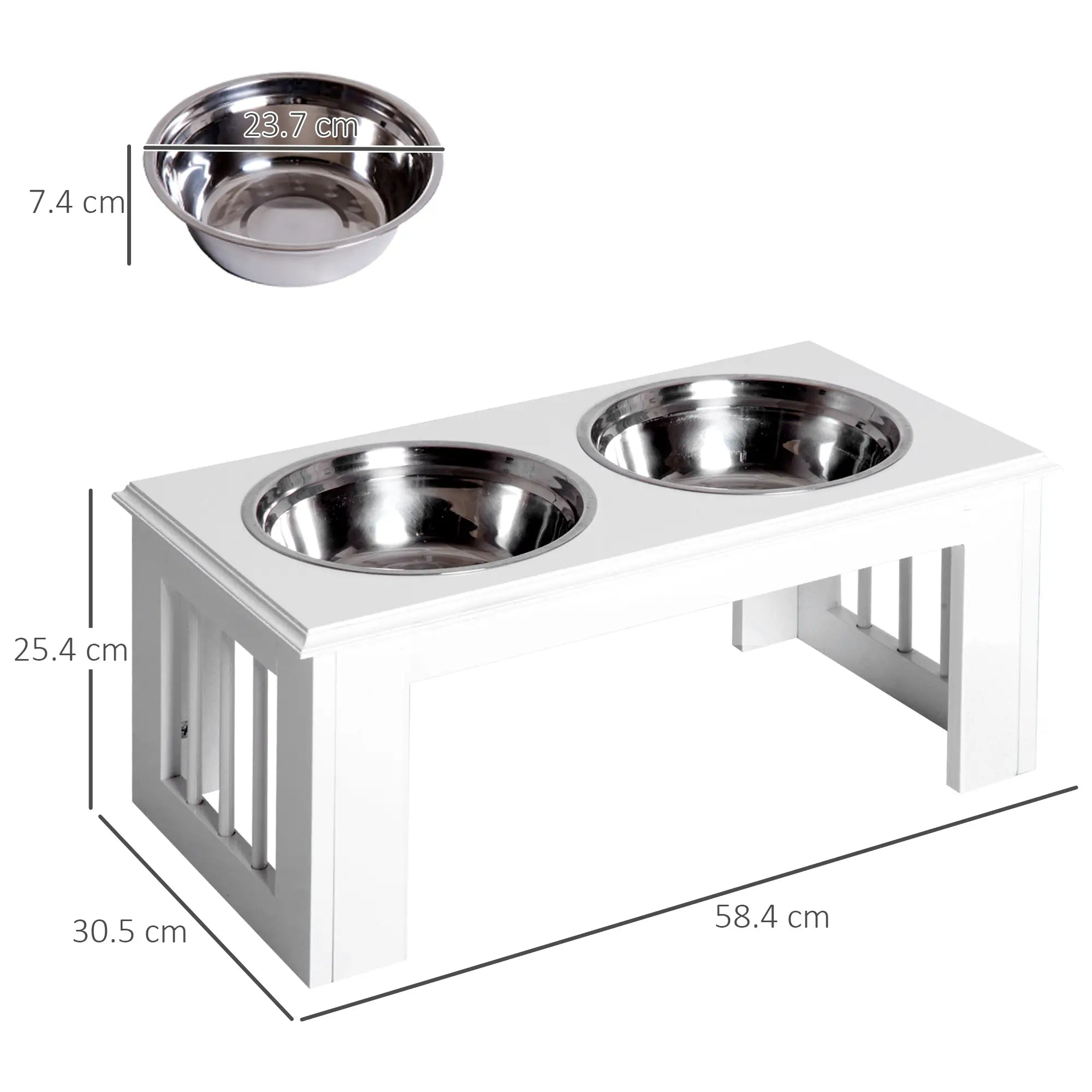 Raised Dog Feeding Bowls with Stand, Stainless Steel for Medium Dog, 58L x 31W x 25H cm - White