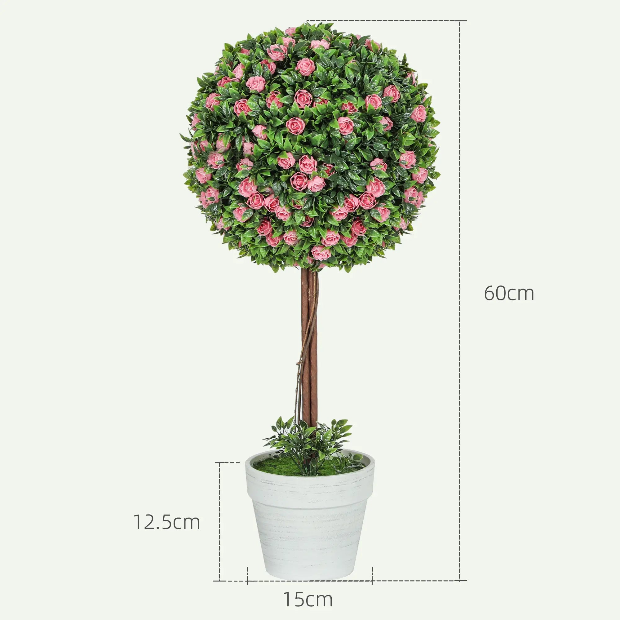 Set of 2 Decorative Artificial Plants, Ball Topiary Tree with Rose Flower in Pot, Fake Plants for Home Indoor Outdoor Decor, 60cm, Pink Bargain Clearance Centre