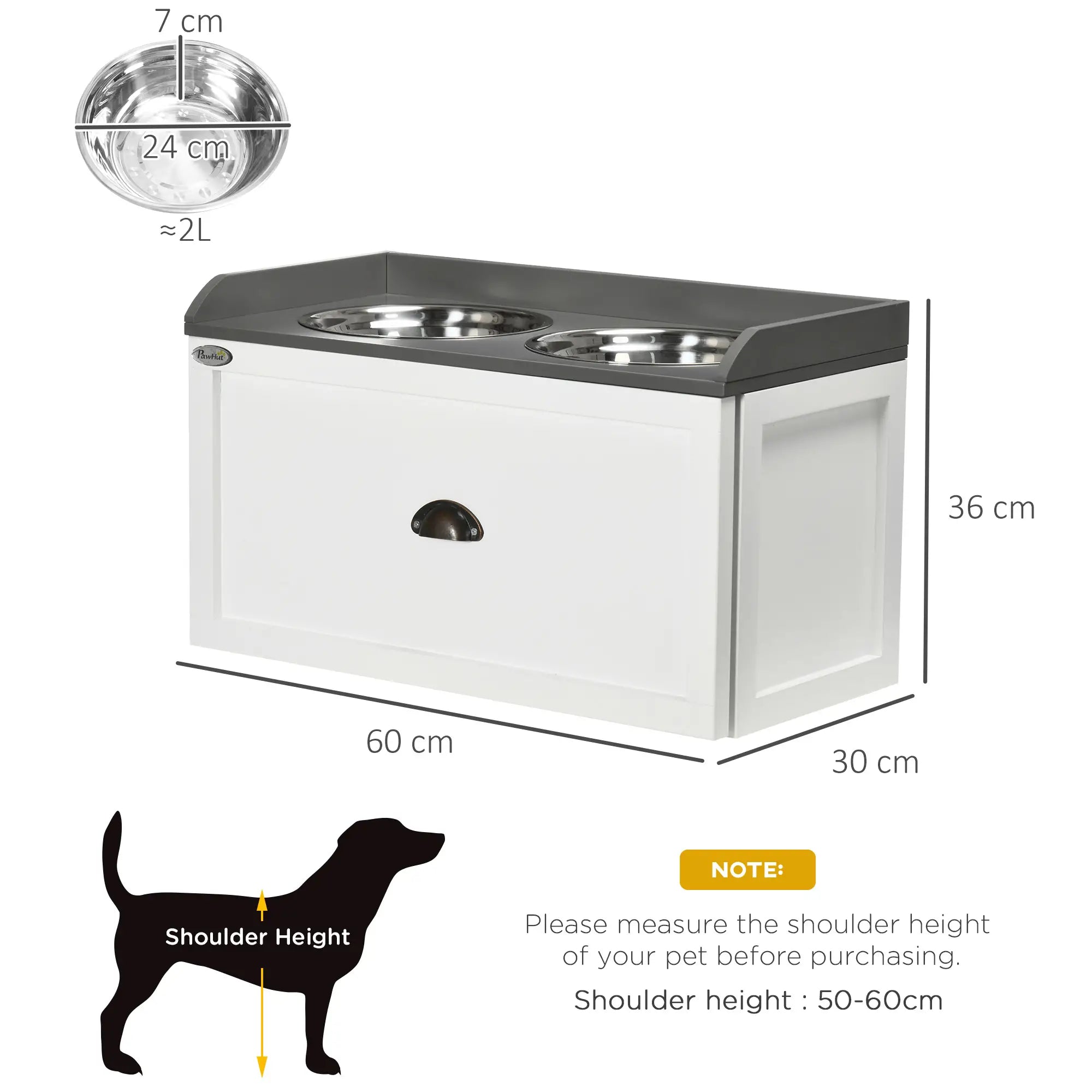 Stainless Steel Raised Dog Bowls, with 21L Storage Drawer for Large Dogs and Cats - White