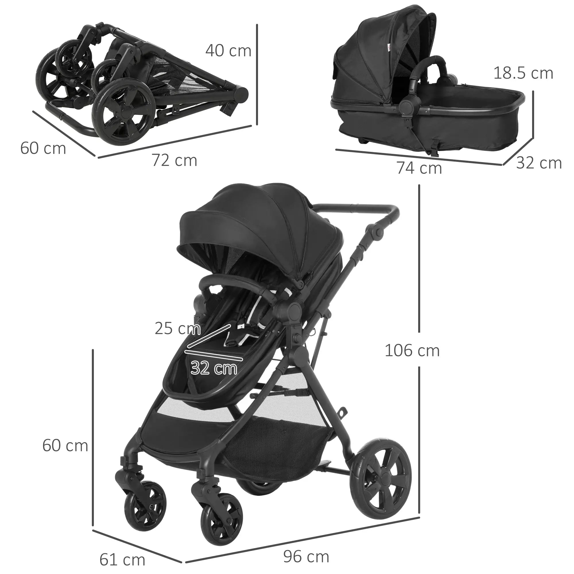 Foldable Baby Stoller, with Reclining Backrest, Adjustable Canopy, for Ages 0-36 Months - Black