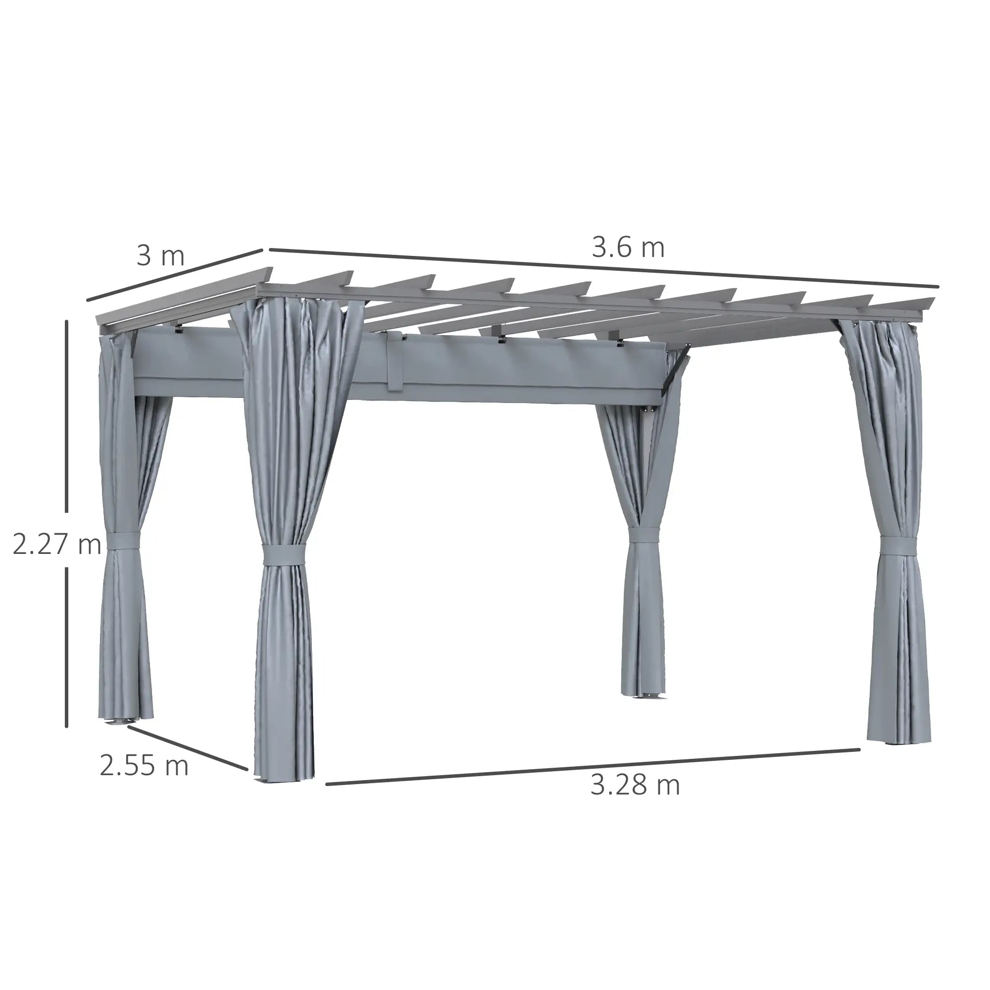 3.6 x 3(m) Outdoor Pergola with Retractable Roof and Curtains, Garden Gazebo Canopy Sun Shade Shelter with Aluminum Frame, Dark Grey
