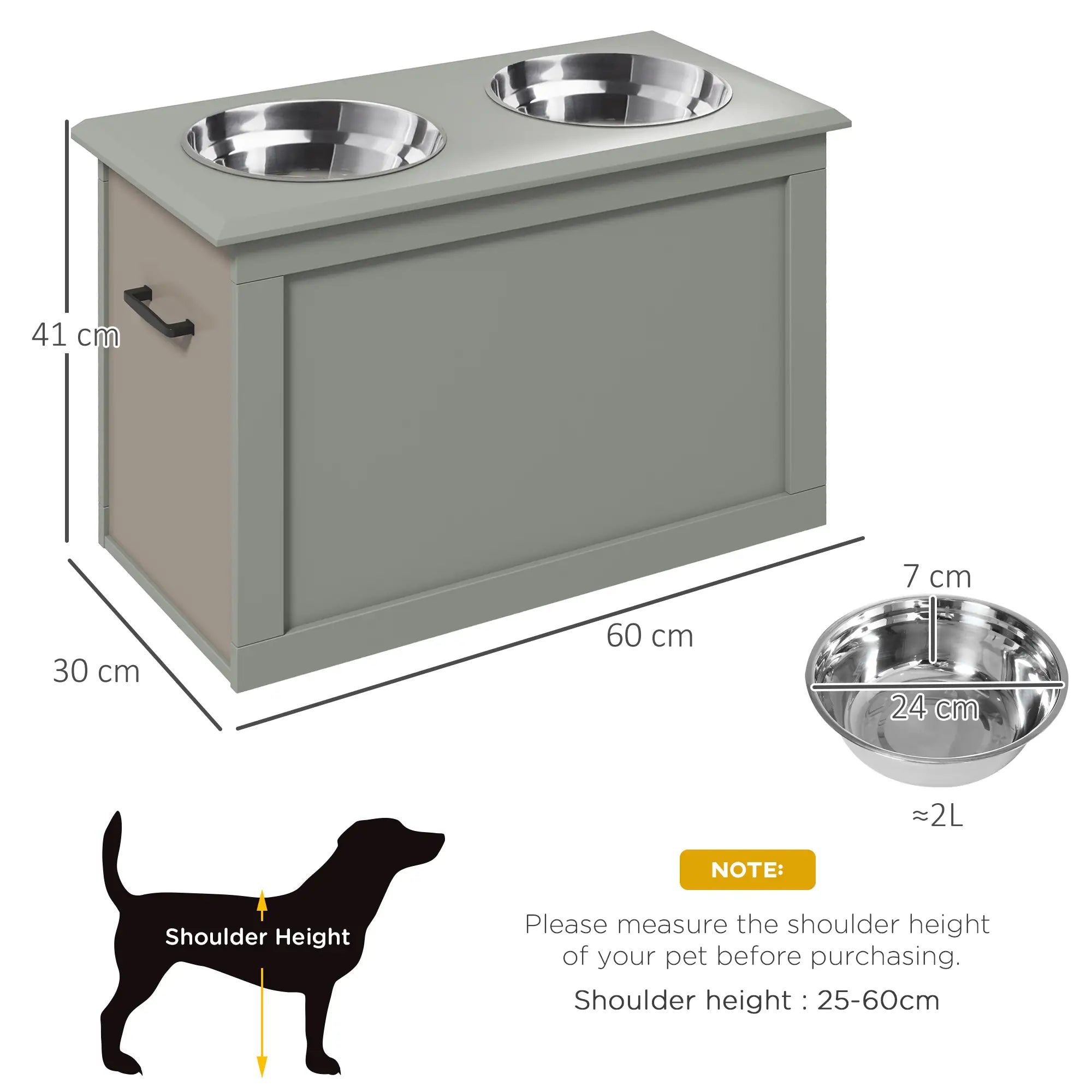 Raised Dog Bowls, with Storage, Two Stainless Steel Bowls, Elevated Base - Grey