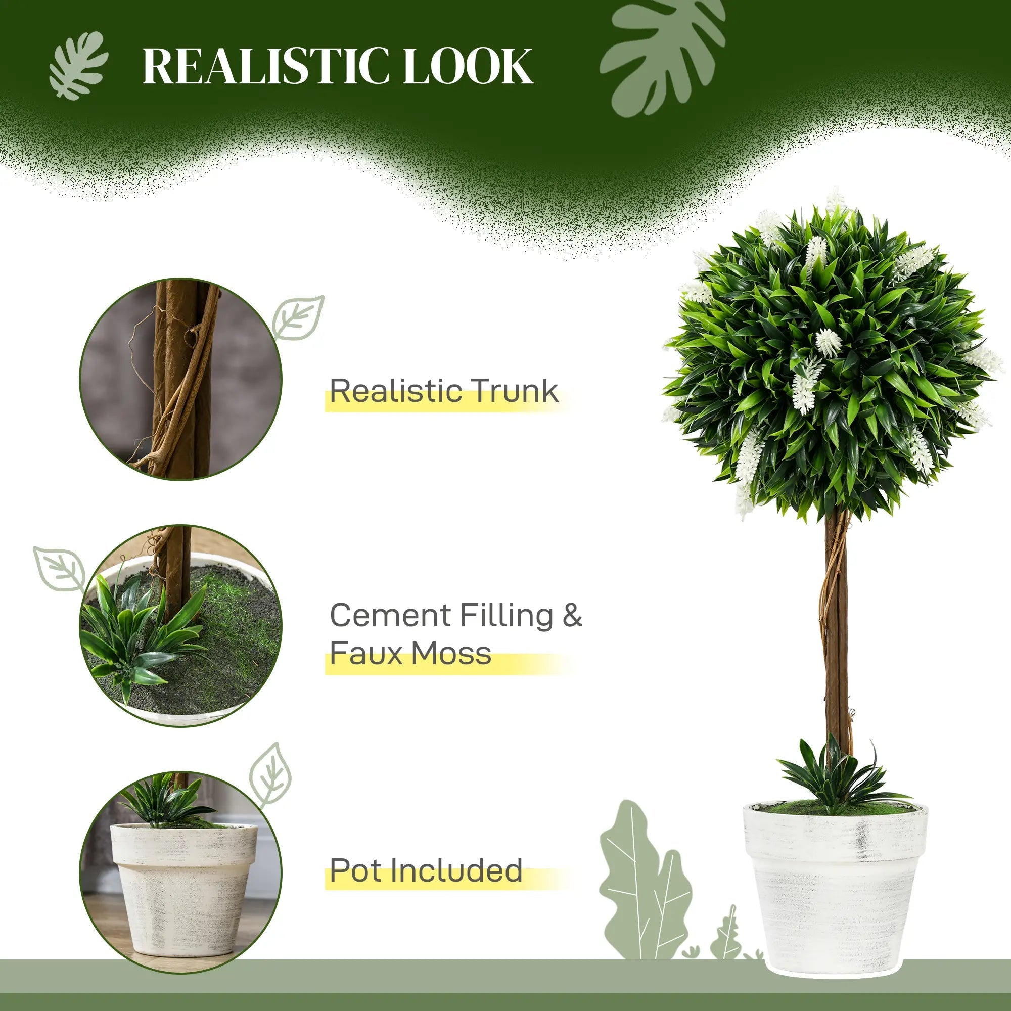Set of 2 Decorative Artificial Plants Ball Trees with Flower for Home Indoor Outdoor Decor, 60cm ,White Bargain Clearance Centre